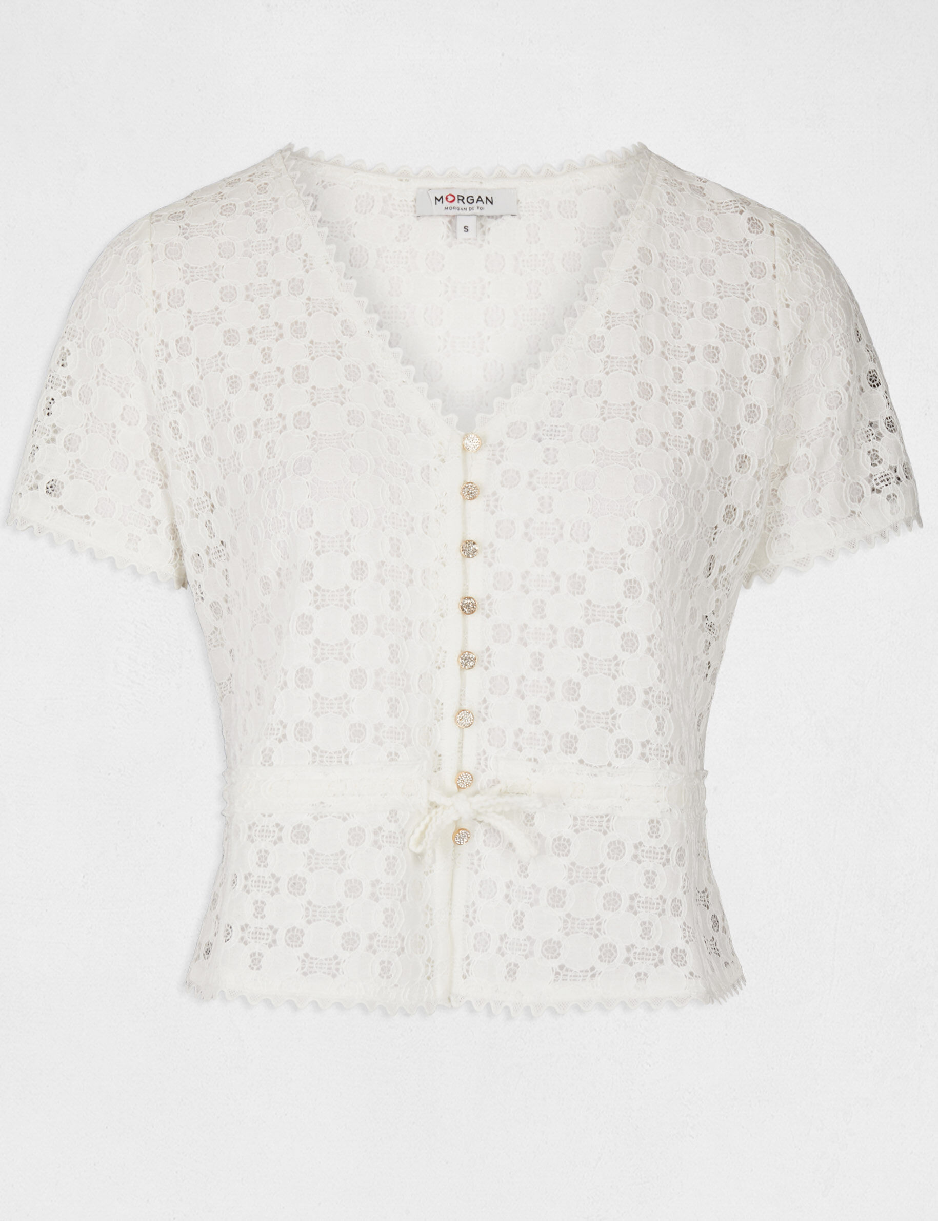 T-shirt manches courtes en dentelle ecru femme - ecru