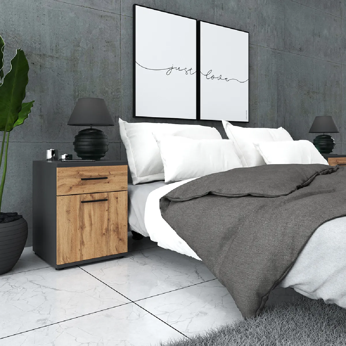 Table de chevet - Gris/Wotan - 40 cm - 1 tiroir - 1 porte