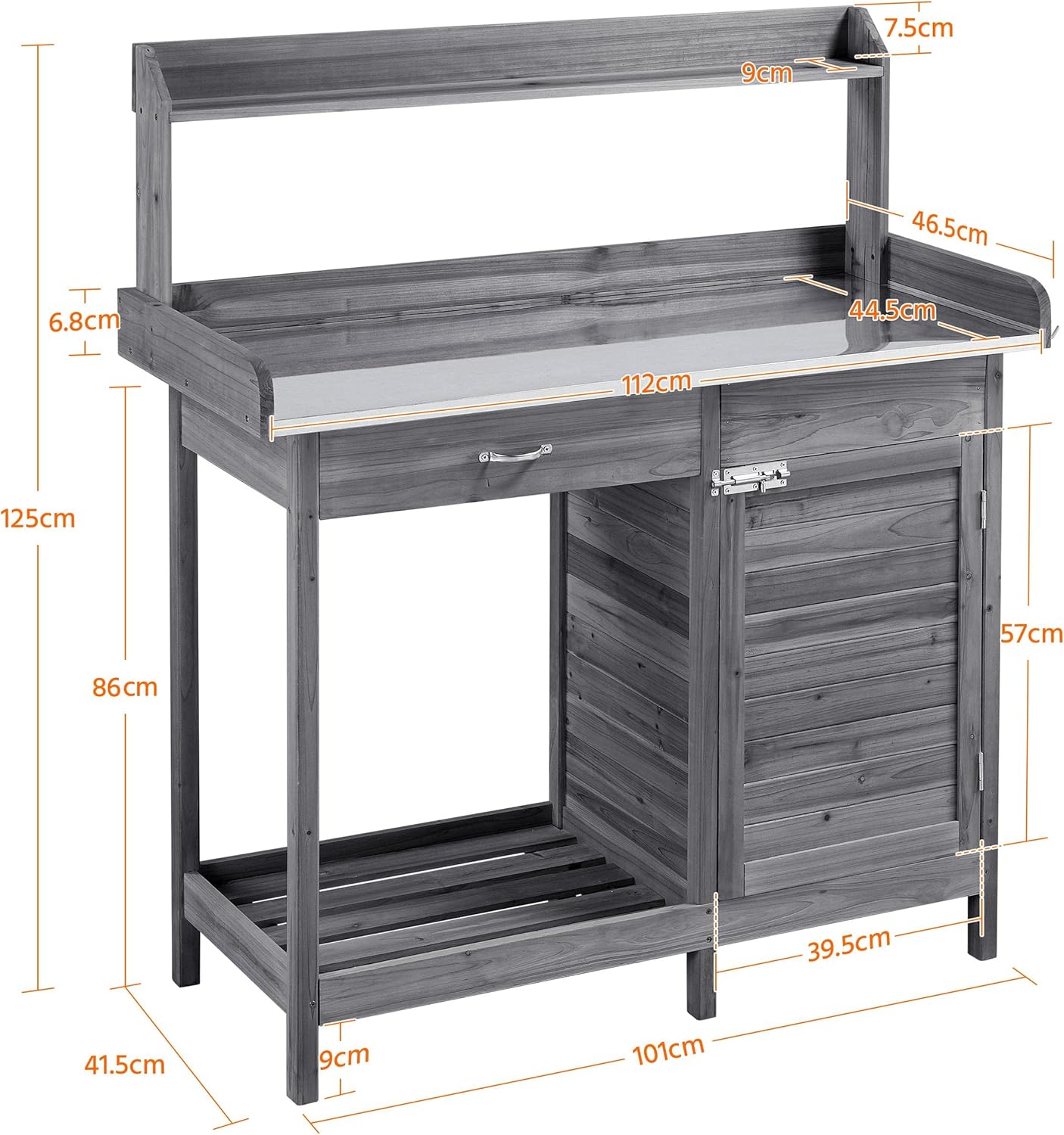 Yaheetech Pflanztisch mit verzinkter Arbeitsplatte, Wetterfest Gärtnertisch Blumentisch Holzpflanztisch mit Unterschrank, Ablagefläche und Schublade für den Garten/Terrasse/Balkon, Grau