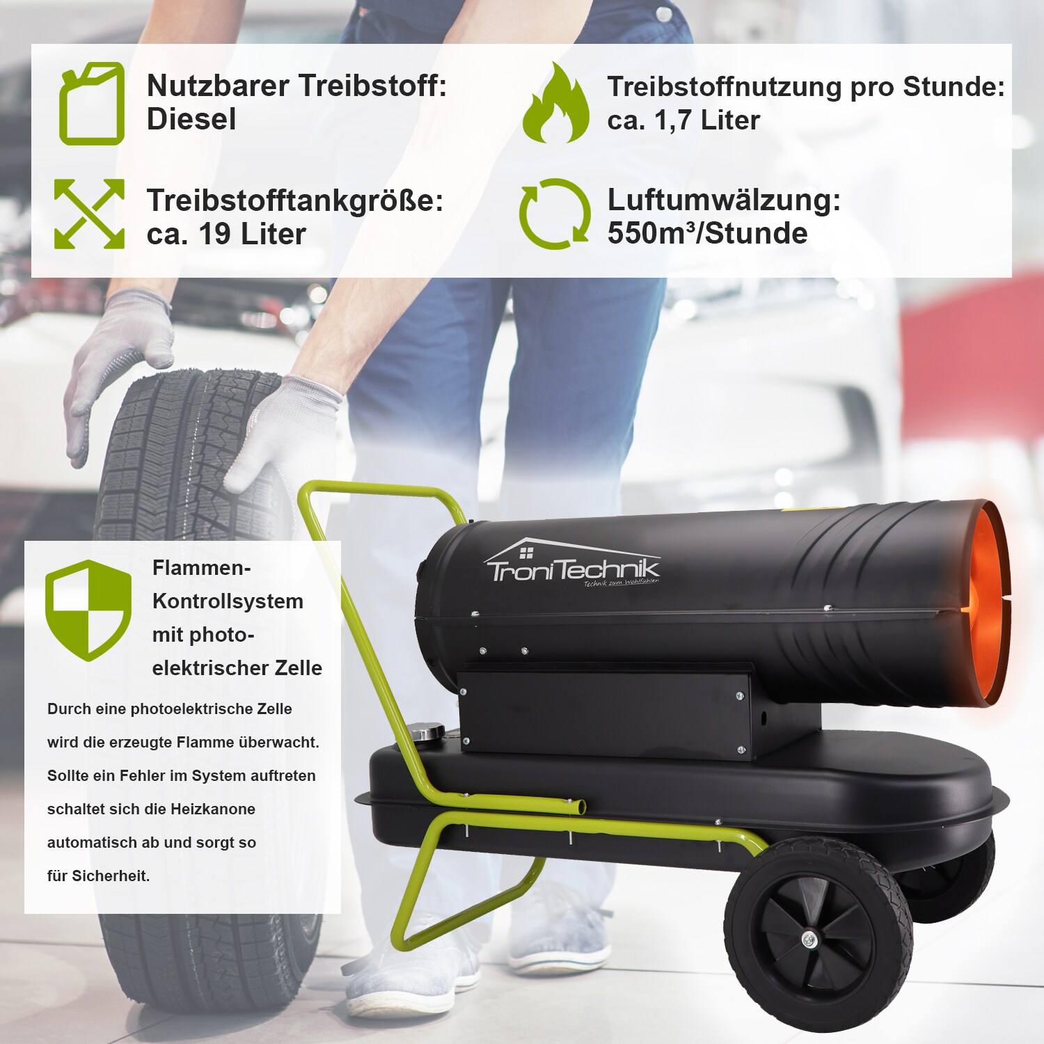 TroniTechnik® TT-HK-242 Heizkanone Dieselkanone Heizlüfter 20kW mit Handgriff, Rohrrahmen und Rädern, Bauheizer,19l Tank