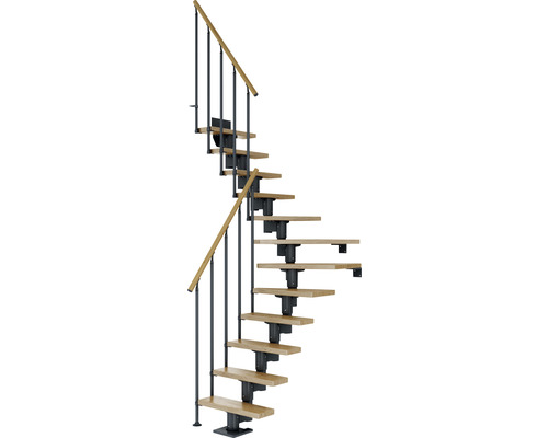 Pertura Spiros Antraciet Middentrap, Kwartslag, Linksonder/Rechtsonder 65 cm, Eikenhouten Balustrade, 11 Treden / 12 Stijgers