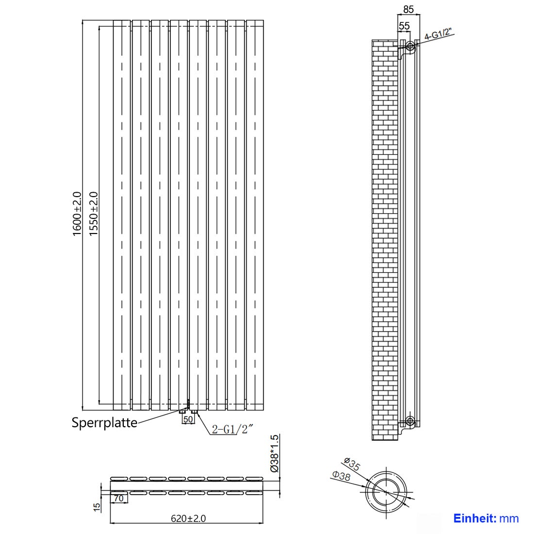 EMKE Flat Radiator, Design Paneelradiator, Verticaal, Dubbellaags, Middenaansluiting, 160x62cm, 1988W, Wit