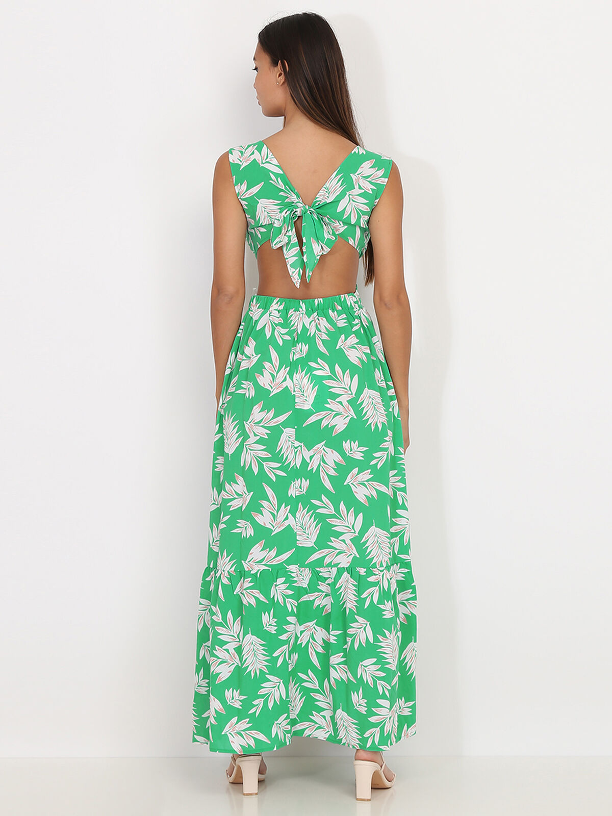 Robe cut out à imprimé feuilles- Vert