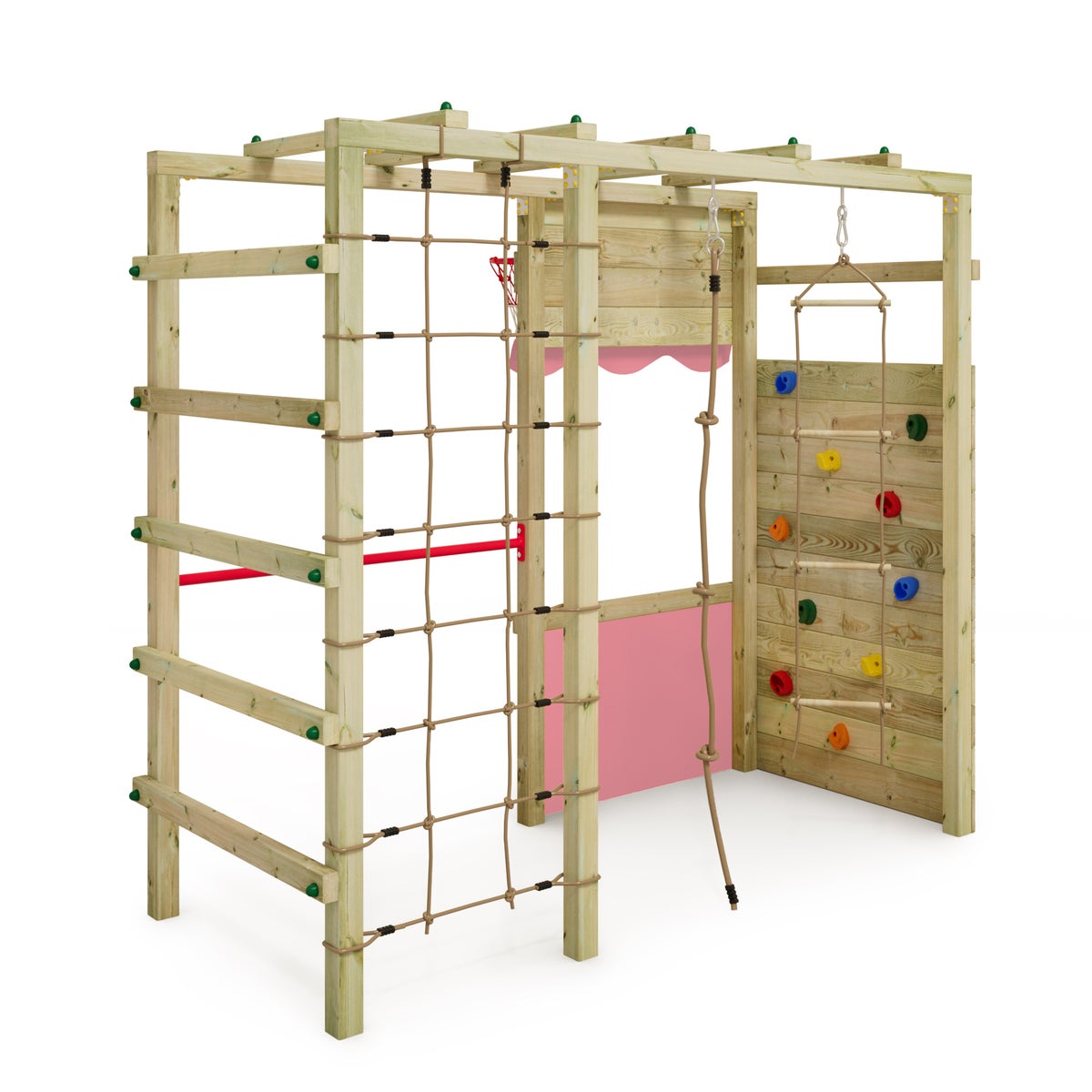 WICKEY Klimrek Speeltoren Smart Action Tuin Speeltoestel met Klimwand en Speelaccessoires – Pastelroze