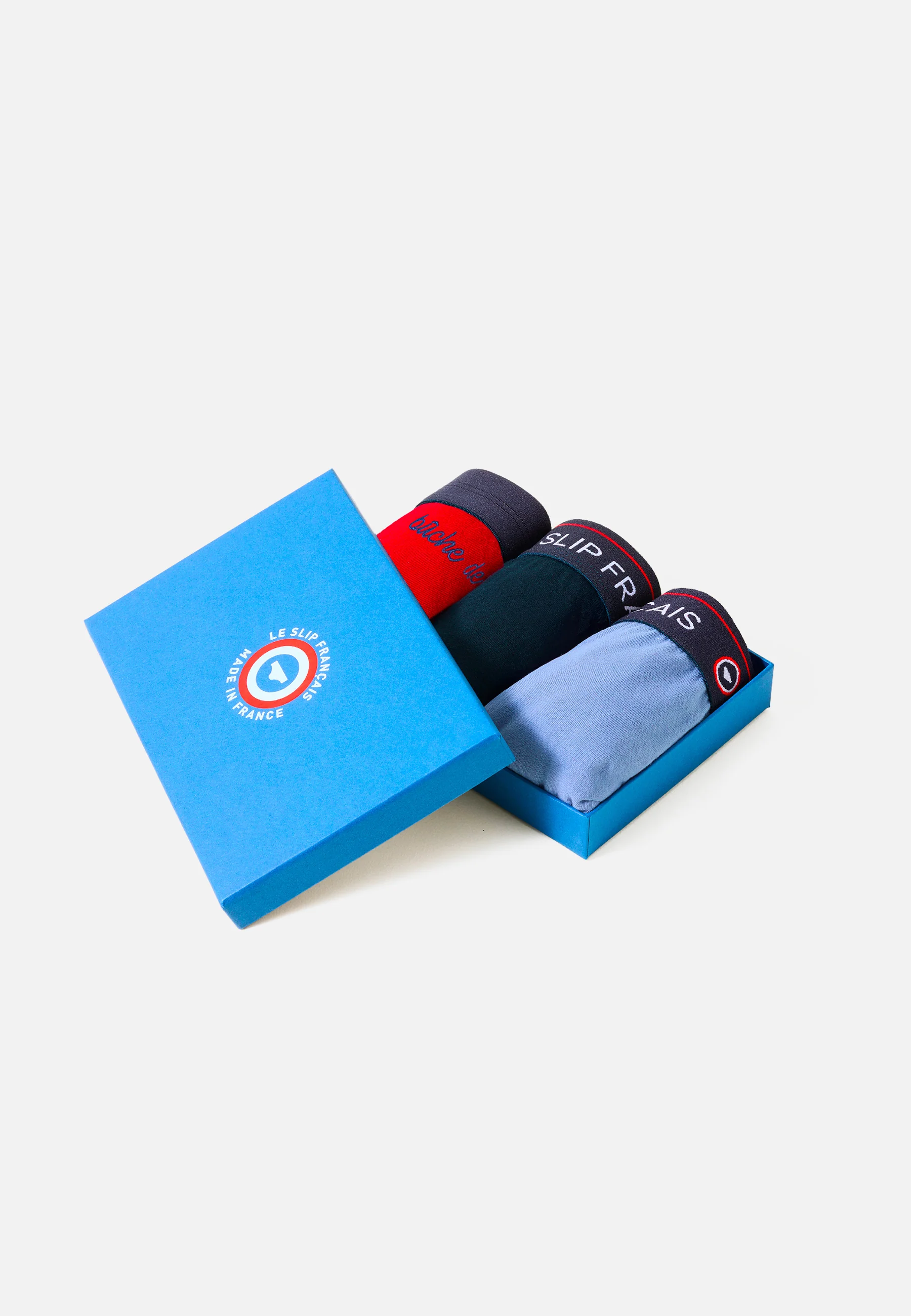 Trio de boxers en coton-Coffret Trio Boxer Redoutable Marine Rouge Brodé Bleu Jean