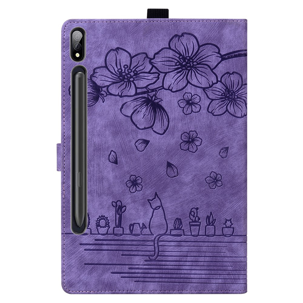 Samsung Galaxy Tab S11 Ultra Leder Tasche Flip Cover Blumen Imprint   S-Pen Halterung - Lila