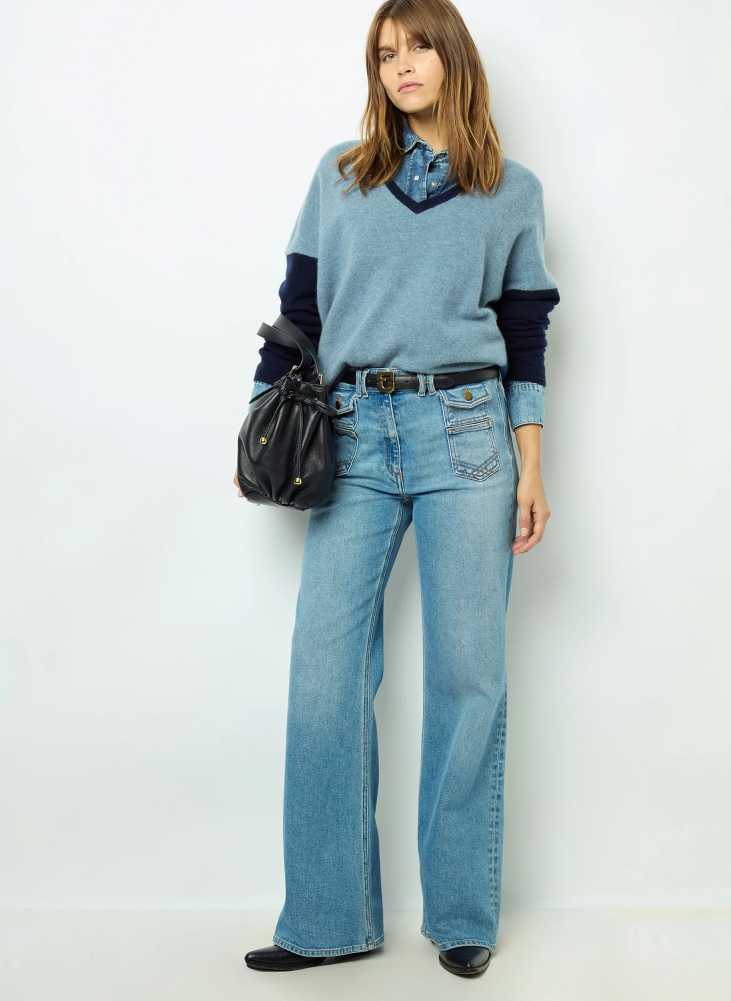 JALYA - Pull col V en cachemire | Bleu