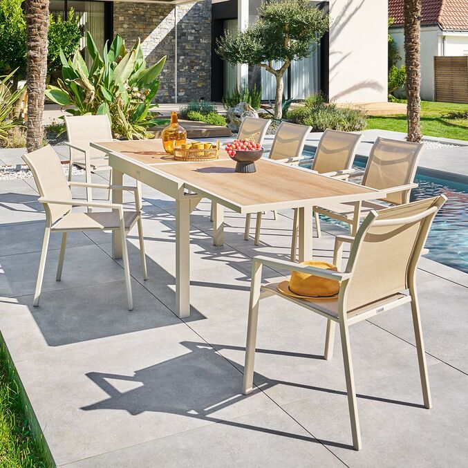 Ensemble table de jardin extensible PIAZZA  + 10 fauteuils ESSENTIA Épeautre & Argile