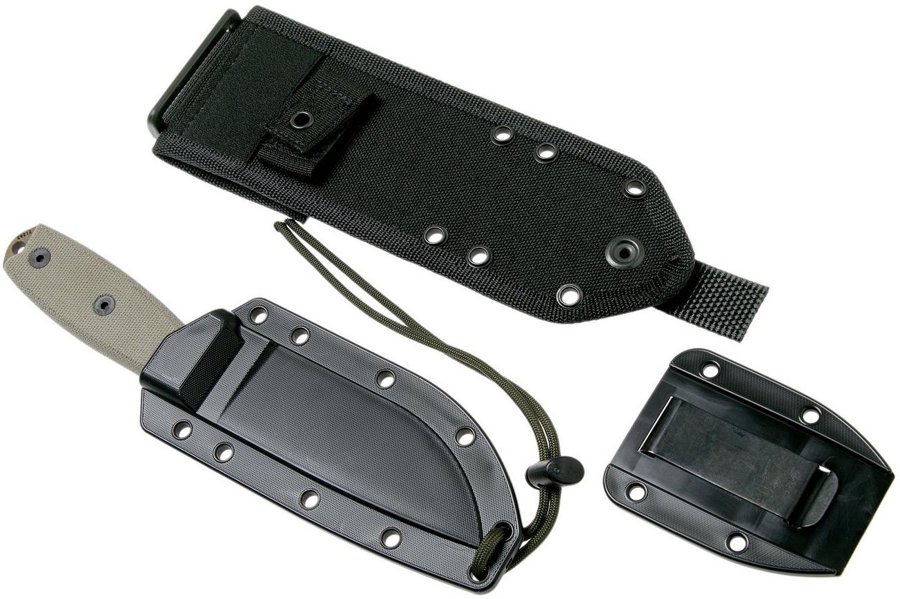 ESEE Model 4 dark earth blade, grey handle 4P-MB-DE met zwarte schede   clip en MOLLE-back