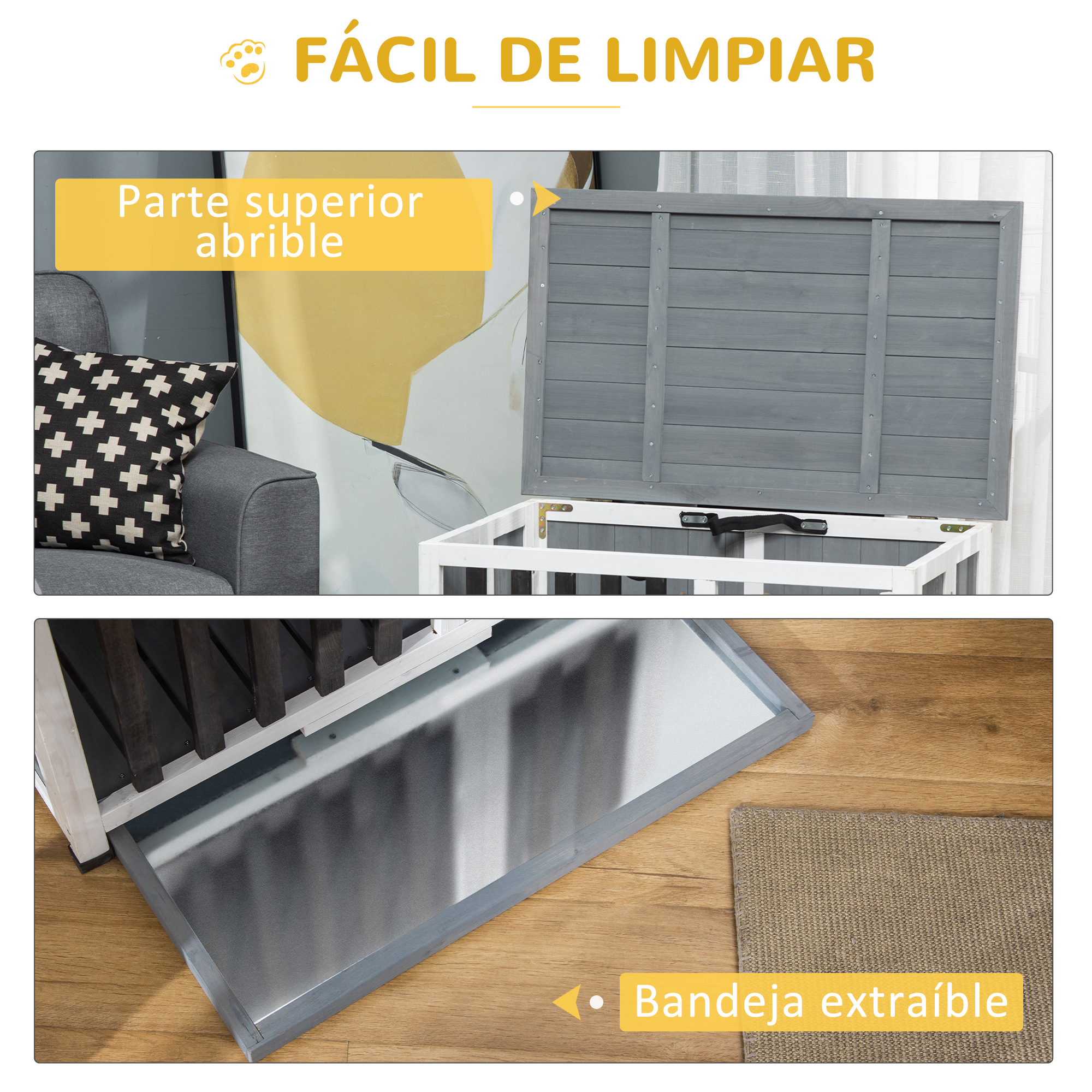 Gaiola dobrável PawHut para uso doméstico, 84,5 x 51,4 x 61 cm, móvel de madeira para cães com teto articulado e bandeja removível, cinza.