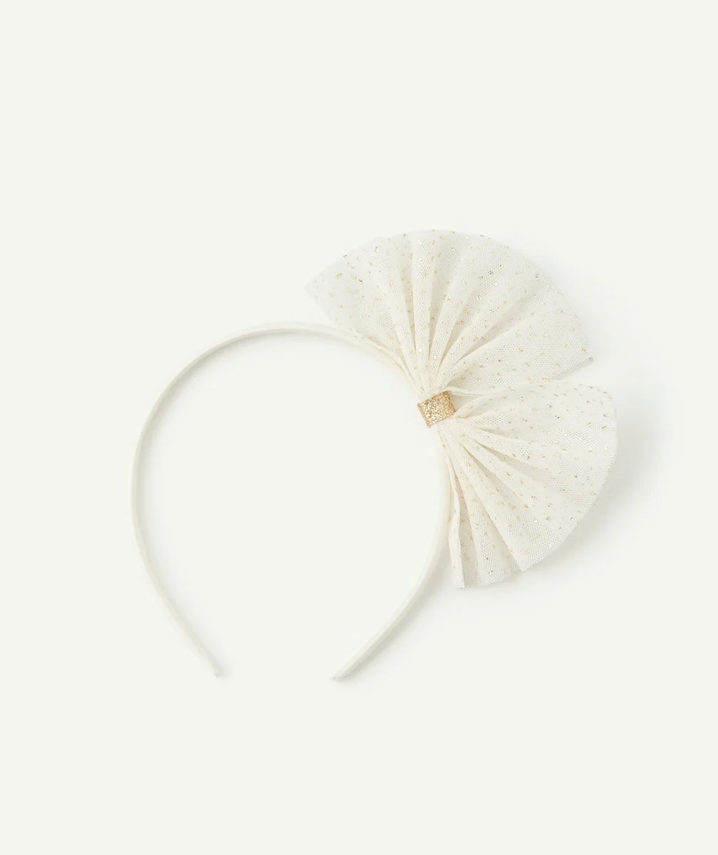 LE SERRE TÊTE BLANC AVEC NOEUD EN TULLE BLANC ET COULEUR DORÉE FILLE