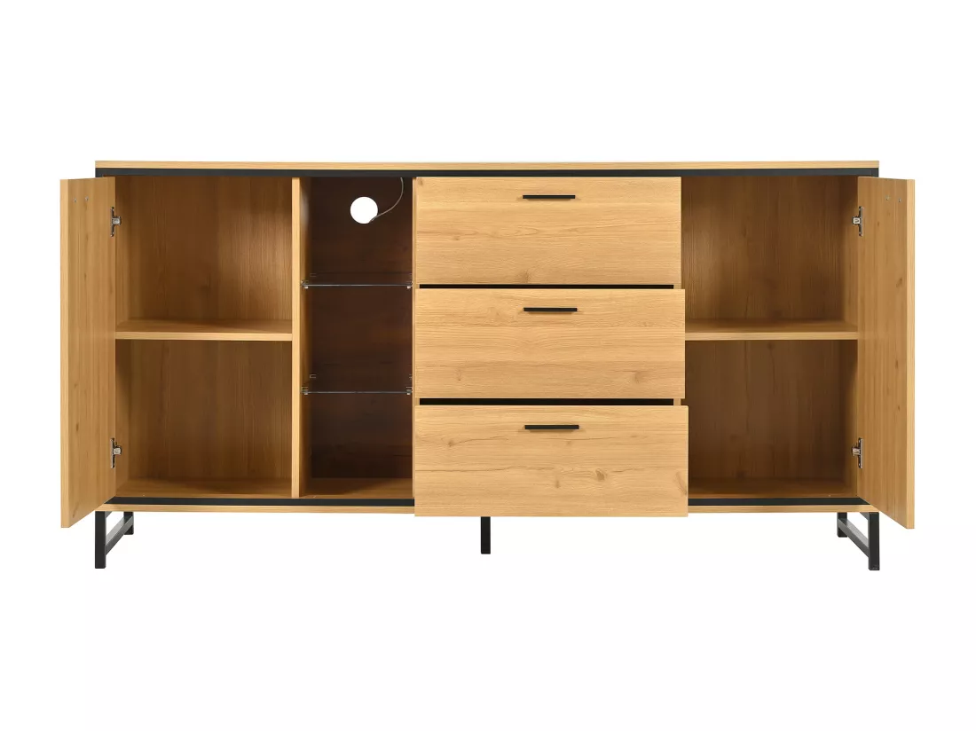 Buffet bas avec LED - 3 tiroirs & 2 portes & 3 étagères - Naturel