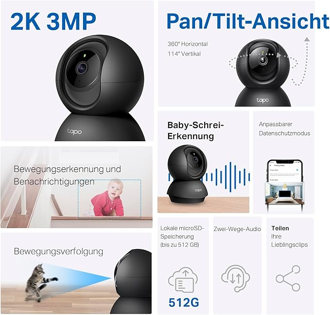 Tapo C211 Home Security WiFi Kamera 2K 3MP (2304x1296p) Nachtsichtfunktion und Bewegungserkennung / Audio / Micro SD - Schwarz