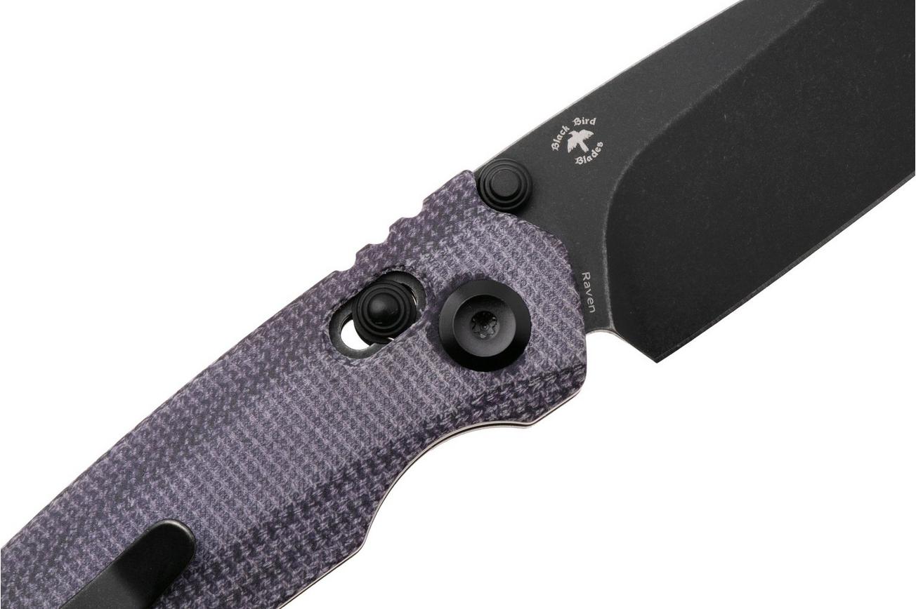 Tenable Knives Raven T2109V7 Blackwashed 14C28N, Purple Micarta, zakmes, Black Bird Blades design