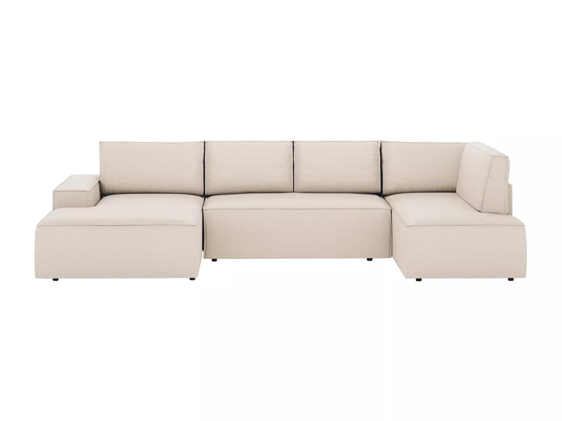 Grand canapé d'angle gauche panoramique convertible en tissu texturé beige AMELIA