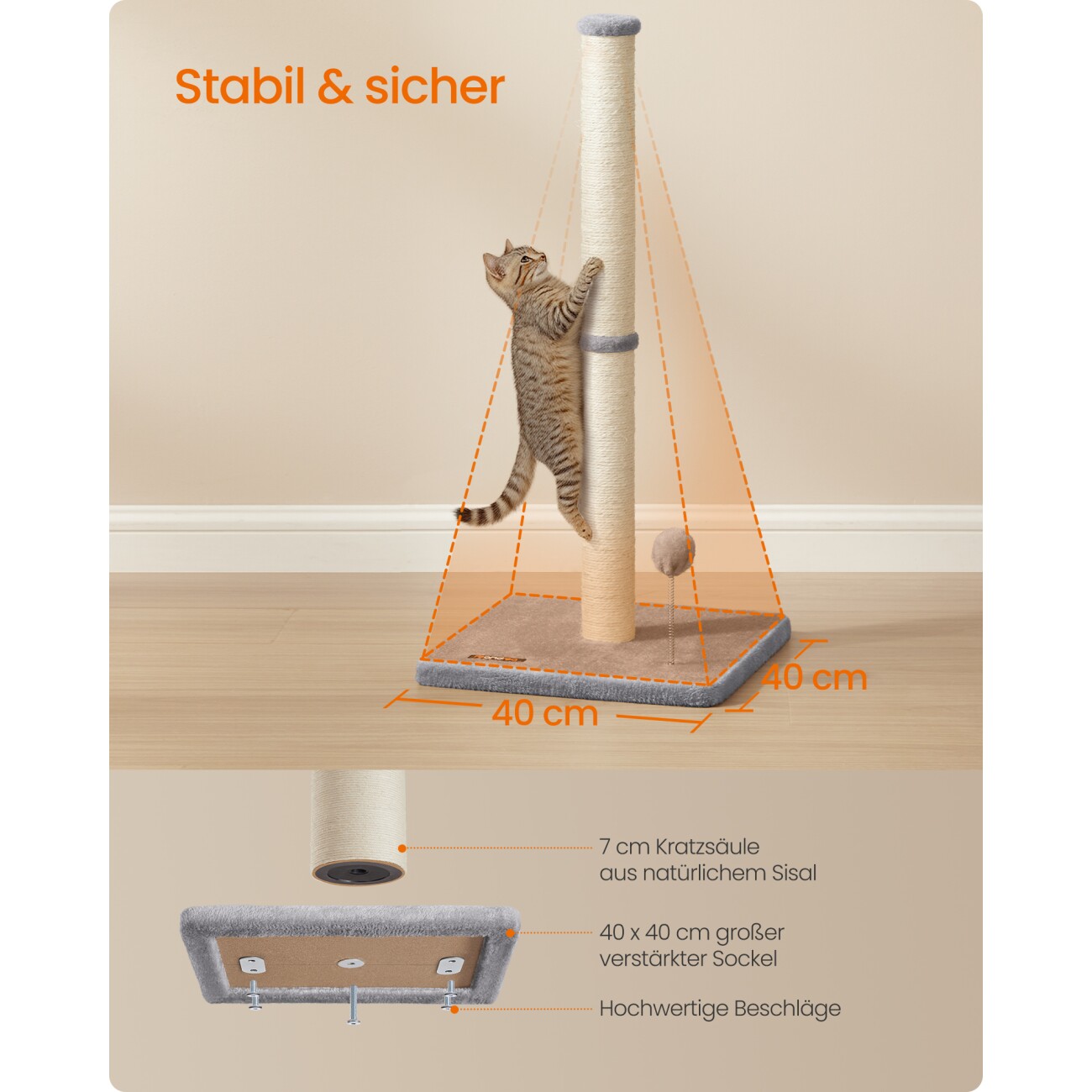 FEANDREA L/XXL Kratzbaum Kratzsäule mit Plüschball und Glocke 40 cm, 40 cm, 85 cm
