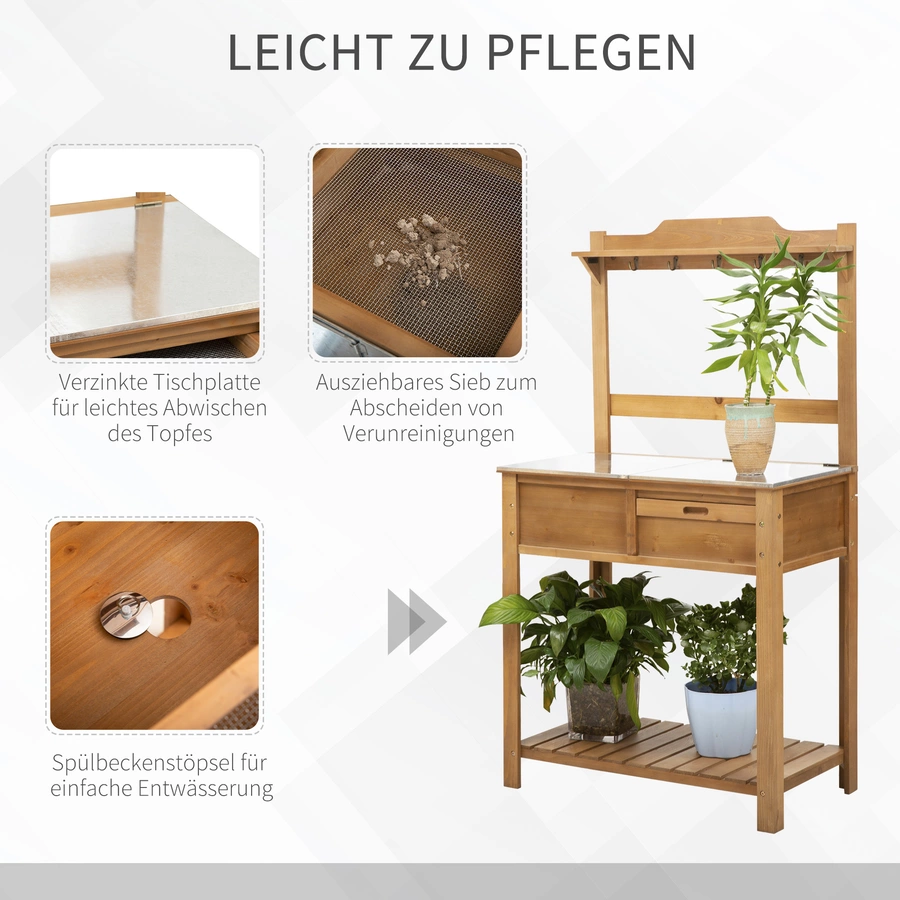 Outsunny Pflanztisch mit verzinkter Arbeitsplatte und Ablage natur