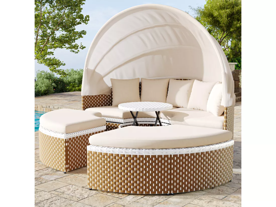 Ensemble de chaises longues de jardin, Sun Island, ensemble table et chaises de jardin, auvent extensible, plateau de table relevable, beige