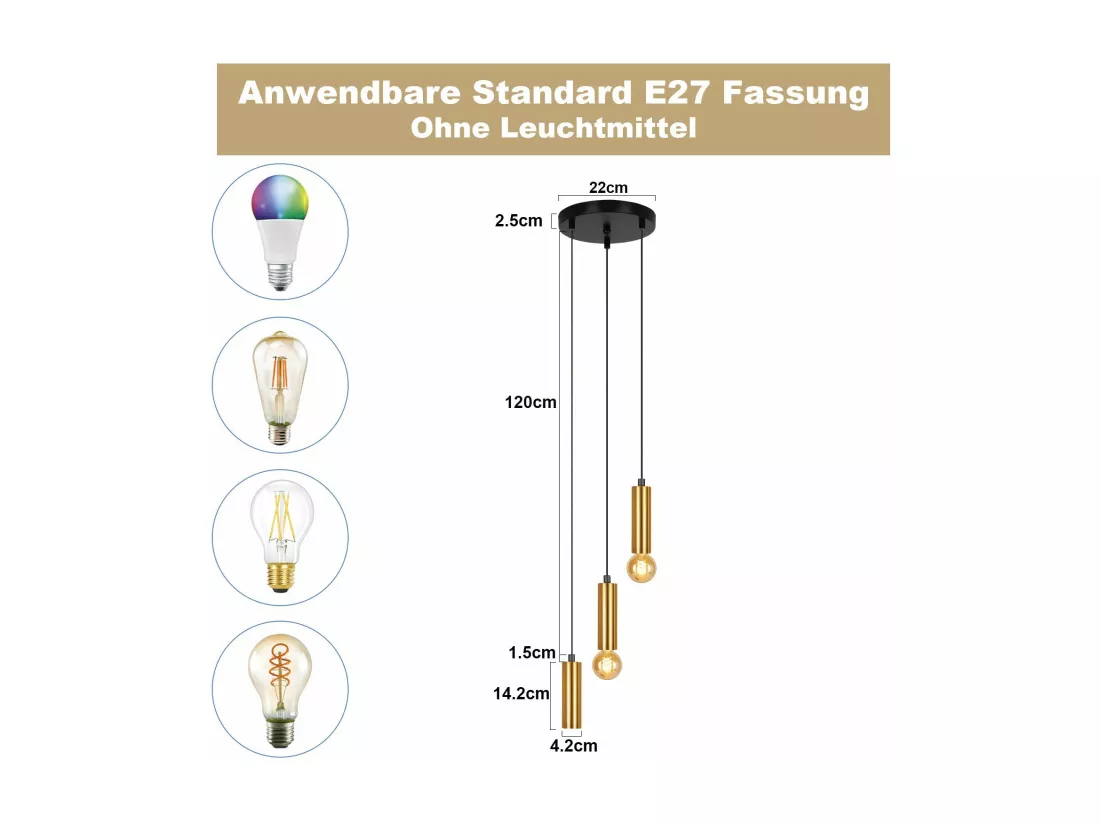 NETTLIFE Lampe suspendue 3 ampoules suspension dorée E27 lampe de salle à manger industrielle table à manger en métal