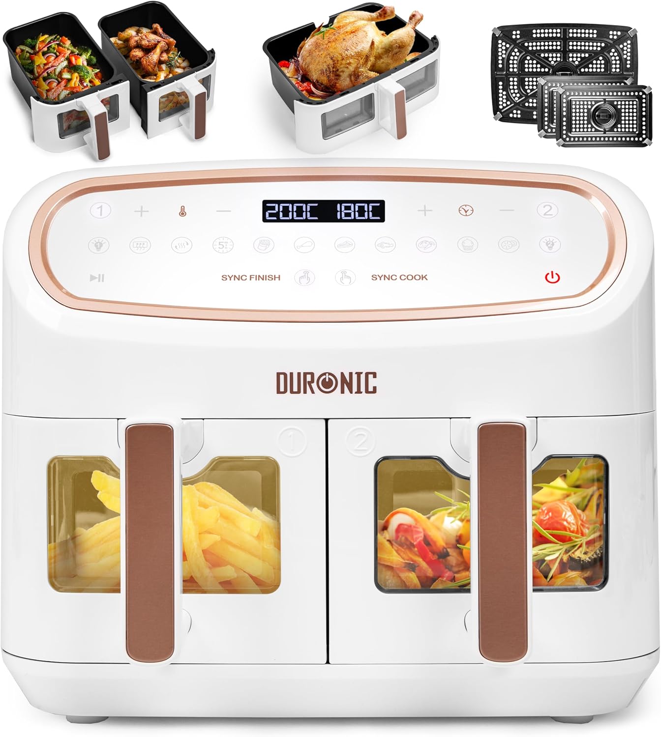 Duronic AF34 WE XXL Heißluftfritteuse – 10L Airfryer mit 2 Kammern, Doppel-Fritteuse ohne Öl, HLF Air Fryer für fettfreies Garen von Pommes, Fleisch & mehr – Friteuse mit großem Volumen