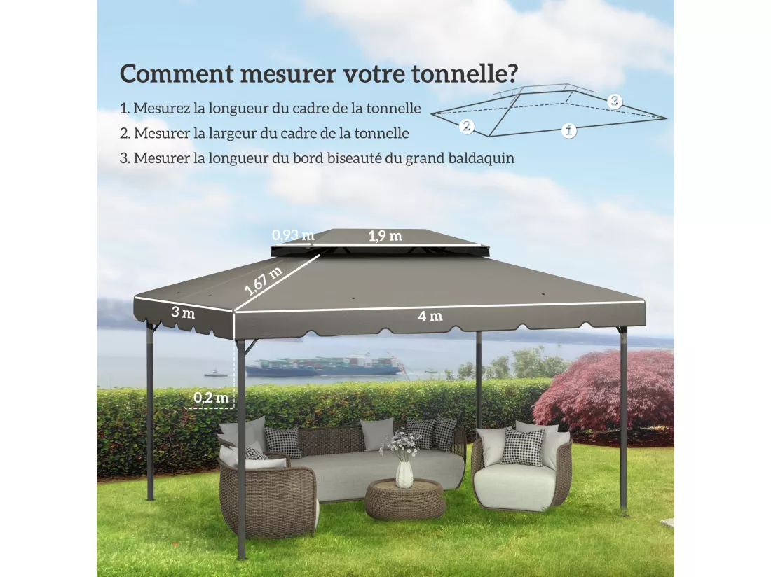 Toile de rechange pour pavillon tonnelle tente 3,90L x 2,90l m polyester haute densité 170 g/m² gris