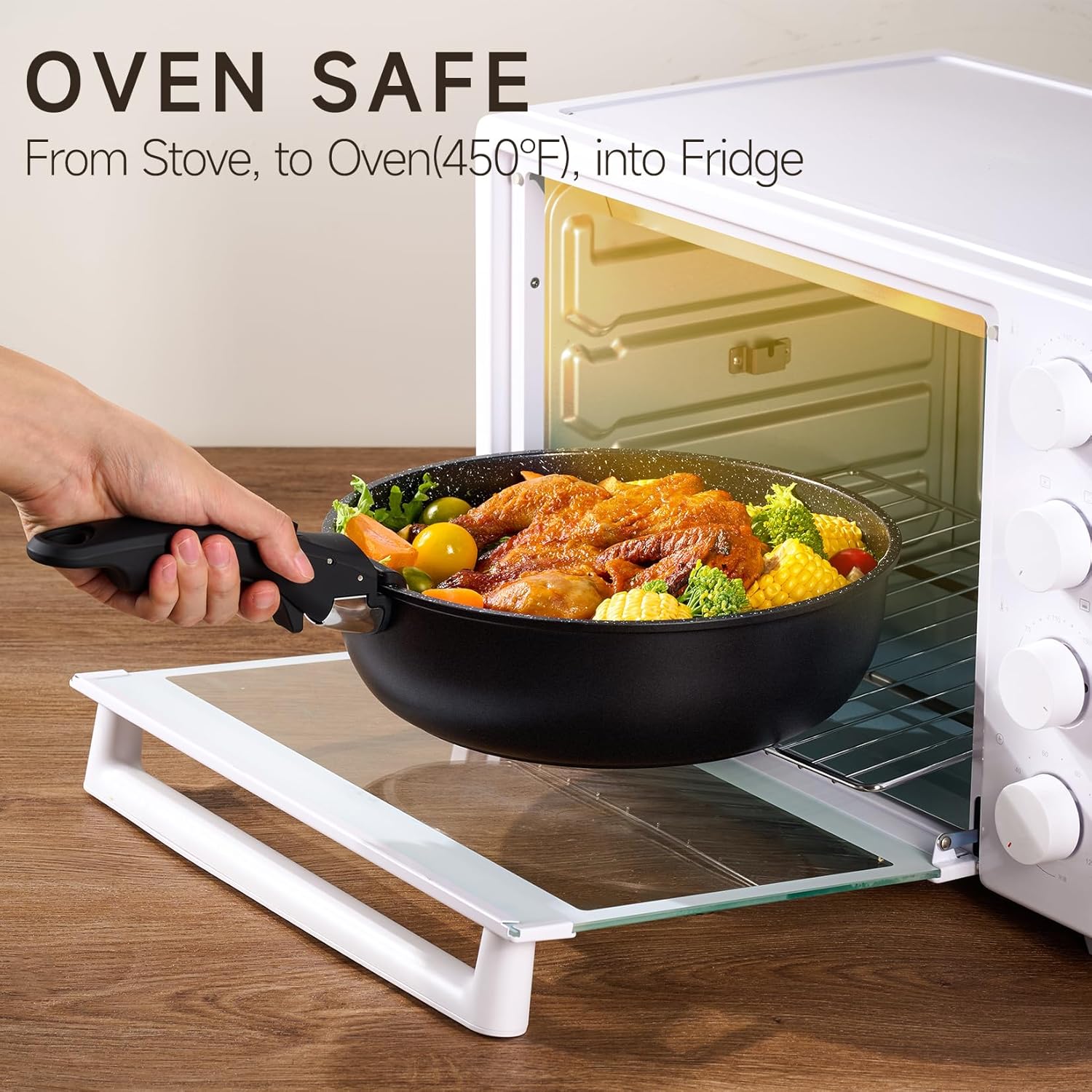 JEETEE Topfset Pfannenset mit abnehmbarem Griff 25-Teilig, Pfanne 20/26cm, Kochtopf 18/20cm, Tiefe Bratpfanne 26cm, Grillpfanne 26cm, Stapelbar Topfset Für alle Herdarten, Antihaft, Ofenfest, Schwarz