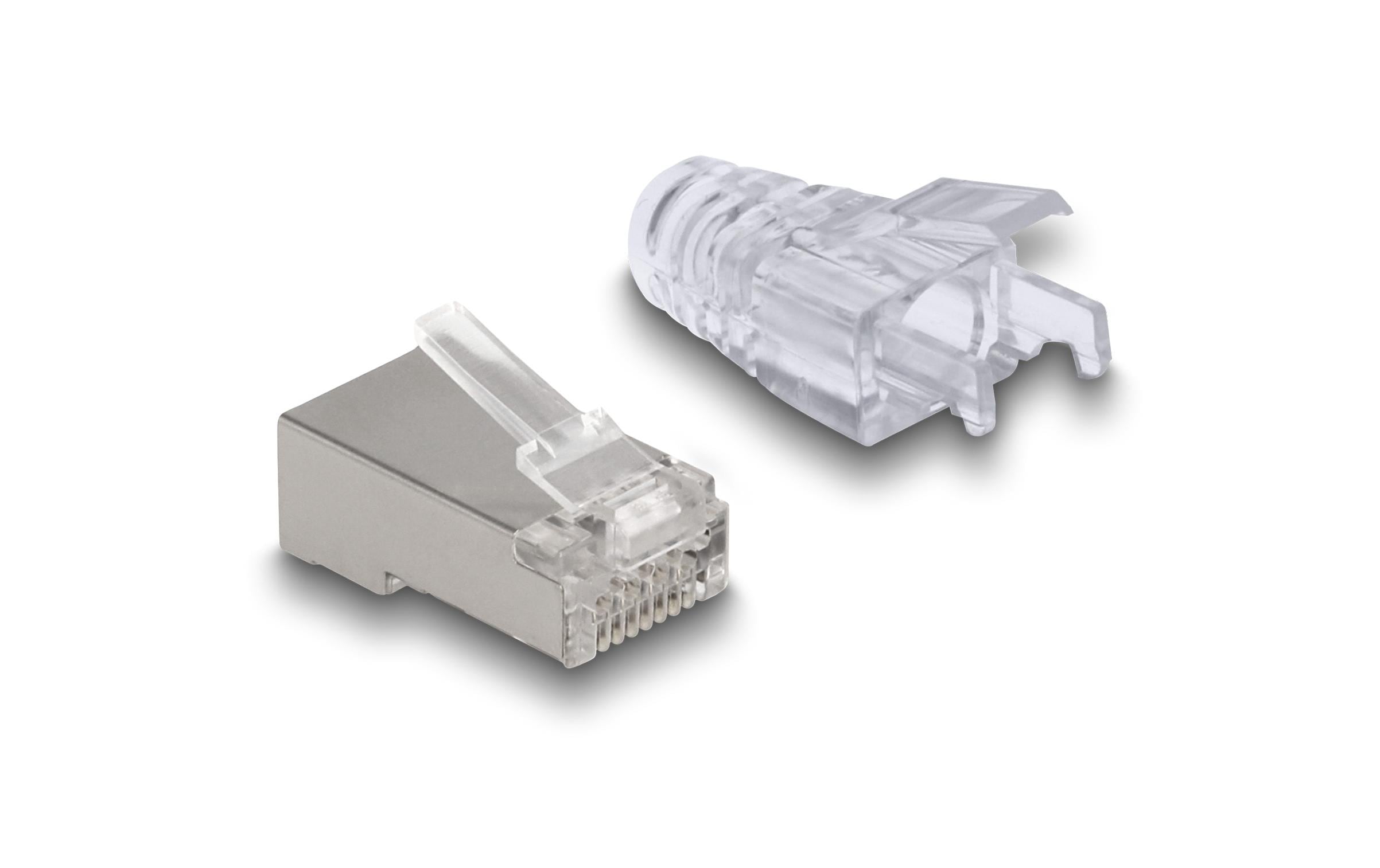Stecker RJ45, FTP, Cat.6 50 Stück, TransparentDelock RJ45 Modularer Stecker mit vorderer Öffnung (easy connect) Cat.6 und Knickschutztülle 50er Set