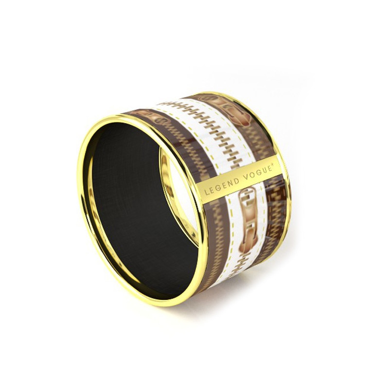 Legend Vogue - Bracelet Bangle Or Jaune Vintage Zip Marron Blanc