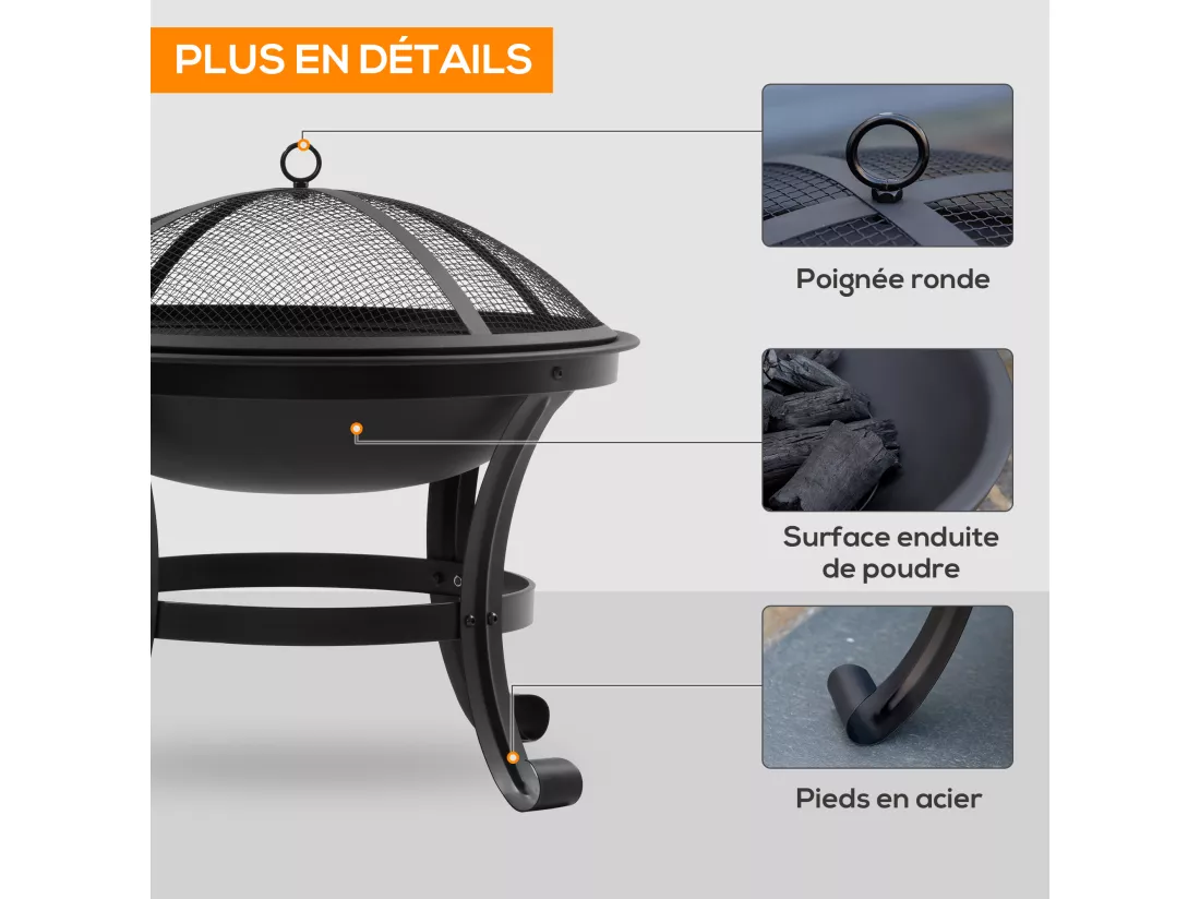Brasero boule de feu cheminée foyer extérieur Ø 55 x 50H cm grille à charbon couvercle tisonnier acier noir