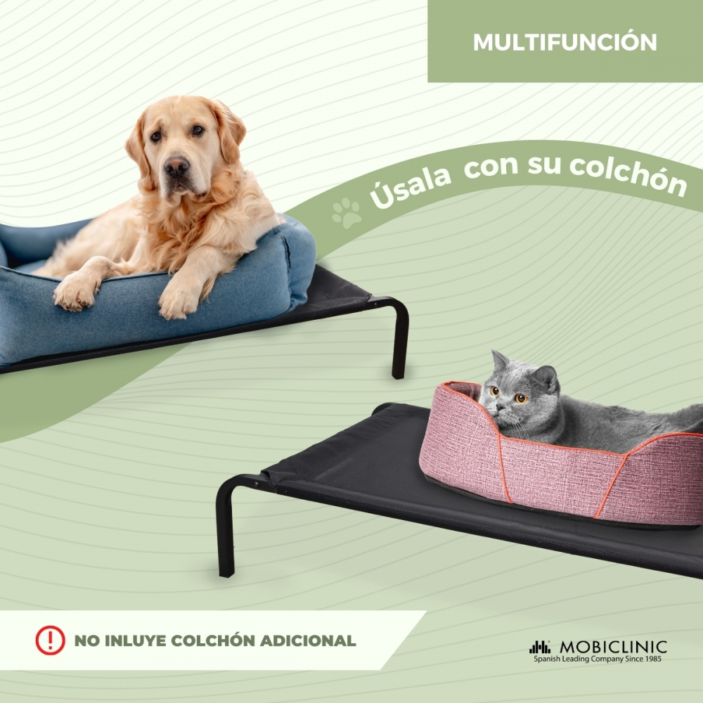Cama elevada para animais de estimação | Isolante térmica | 122 x 71 x 21 cm | Máx. 60 kg | Leve | Durável | Preta | Cleo | Mobiclinic