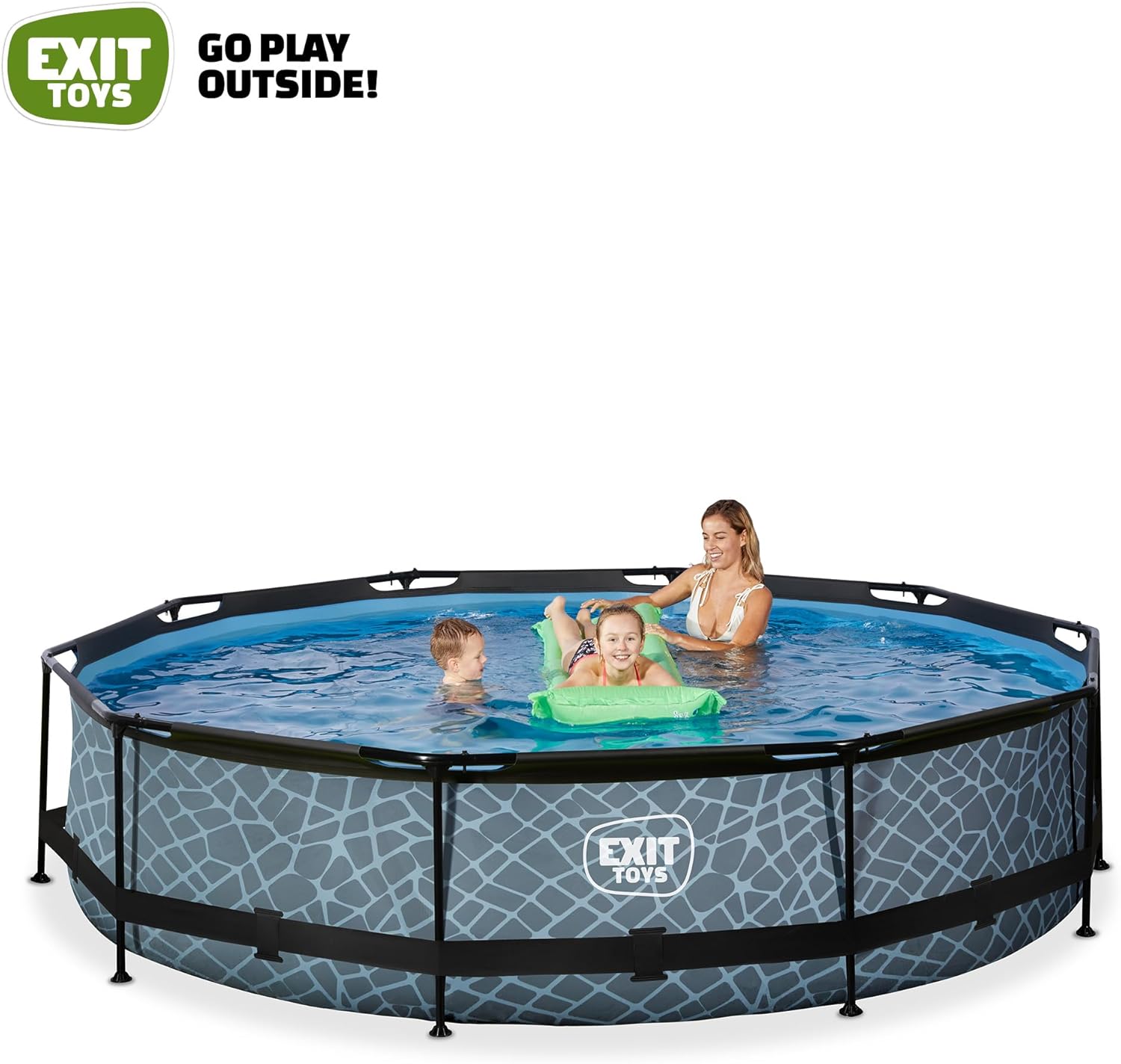 EXIT Toys Stone Pool - ø360x76cm - Großer, Runder Rahmenpool mit Kartuschenfilterpumpe - Leicht Zugänglich - Für Kleinkinder Geeignet - Starker Rahmen - Einzigartiges Design - Grau