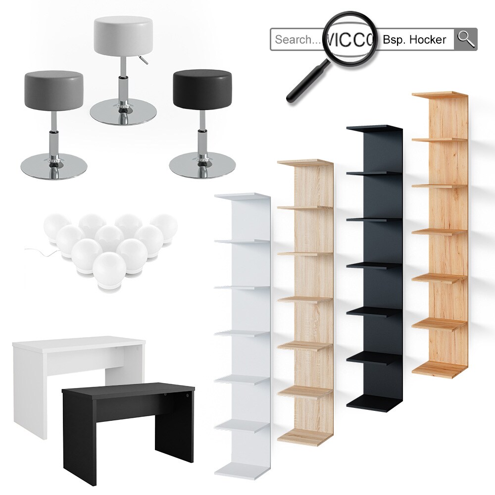 Vicco Schminktisch Frisiertisch Kosmetiktisch Conrada Weiß Sonoma Schminkspiegel 80x132 modern Hocker LED Beleuchtung Schlafzimmerkommode Schminkkommode Schublade Spiegelschrank Frisierkommode Make-Up-Tisch