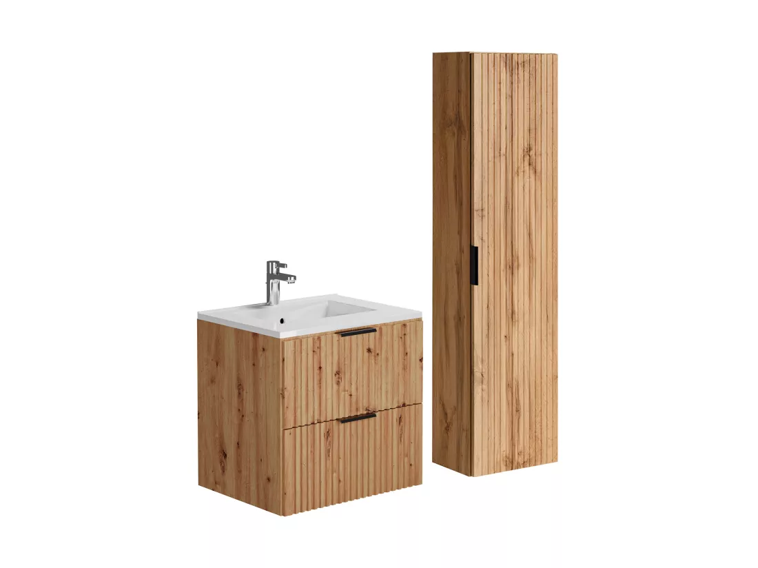 Meuble de salle de bain strié avec vasque à encastrer et colonne - Coloris naturel clair - 60 cm - ZEVARA