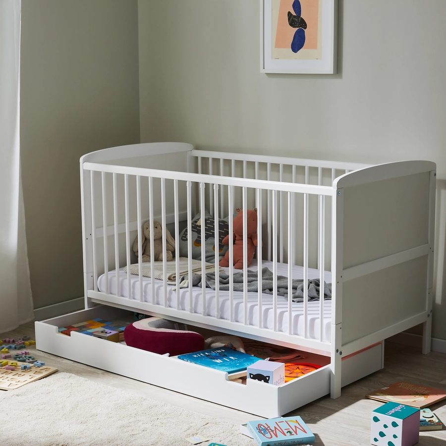 Kids Collective Babybett 70x140 Umbaubares Gitterbett höhenverstellbar & herausnehmbare Sprossen weiß mit Schublade