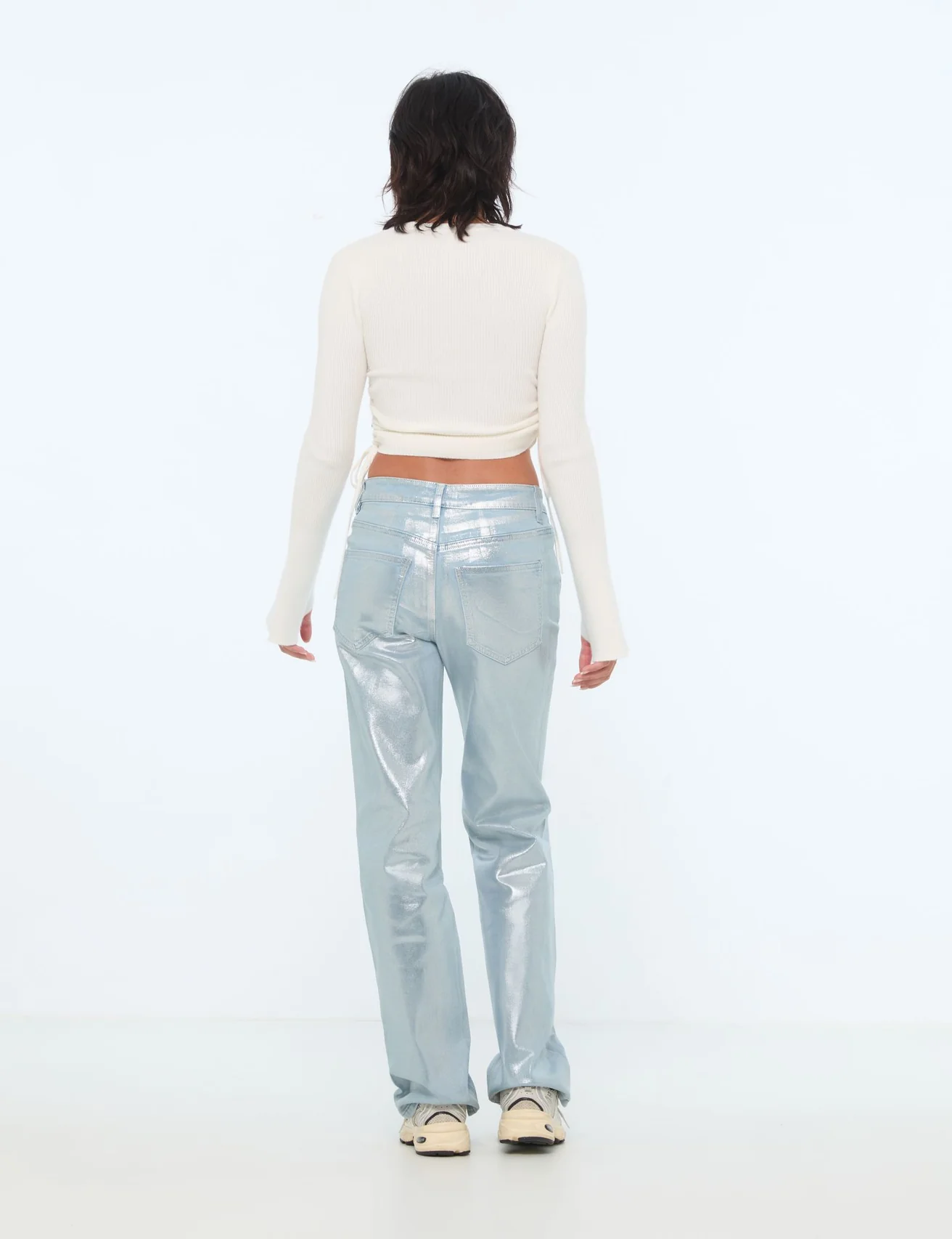 Pantalon straight taille medium bleu scintillant