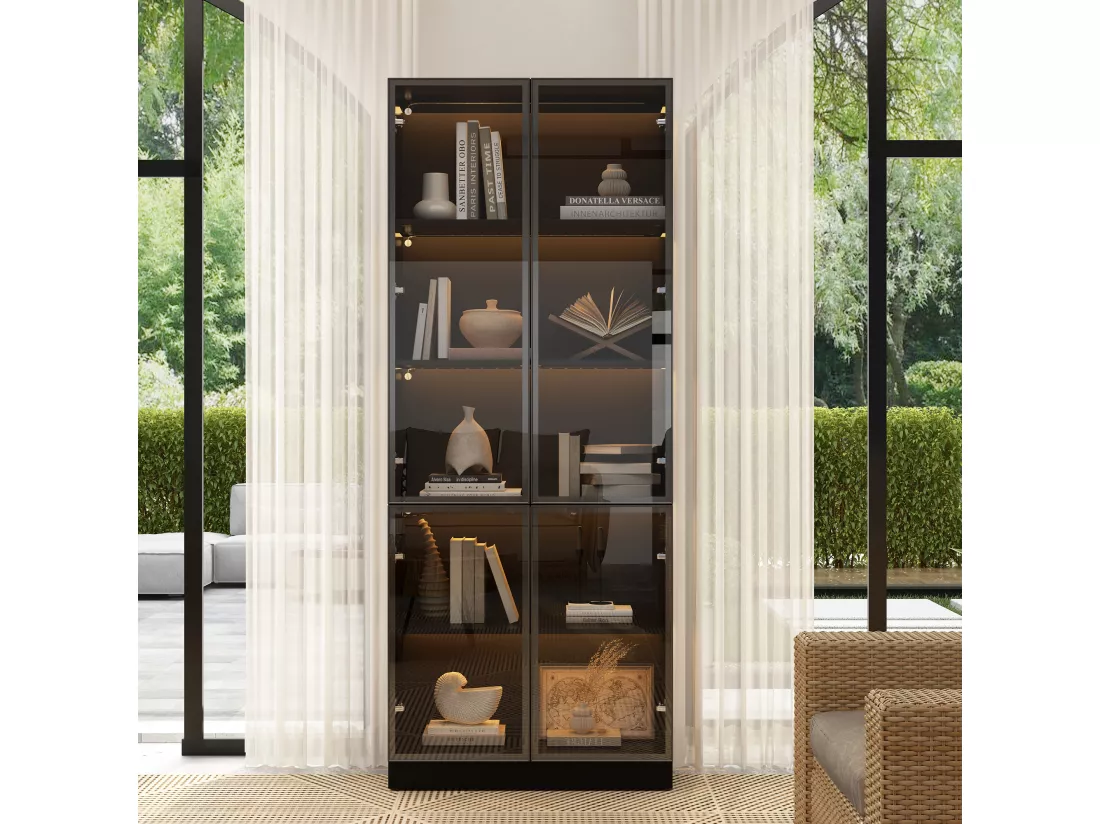 Vitrine en verre avec LED 2 portes en verre trempé Bibliothèque Buffet de cuisine 6 étagères Noir 50x23x175.5cm