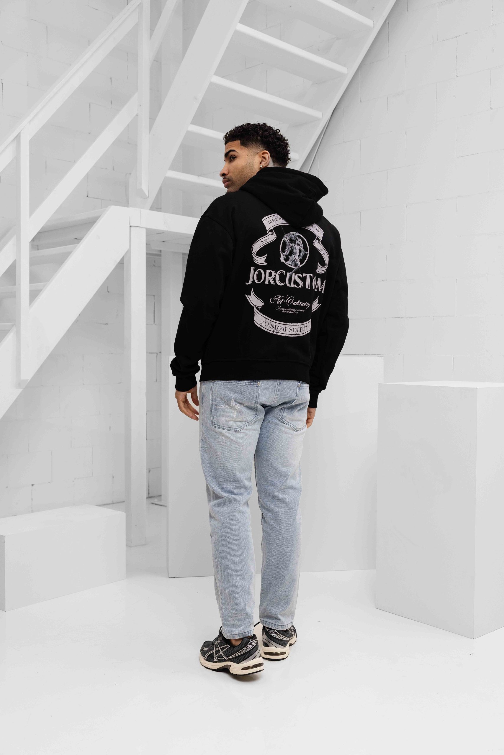 Jorcustom Fleece Ribbon Zipped Hoodie Heren Zwart