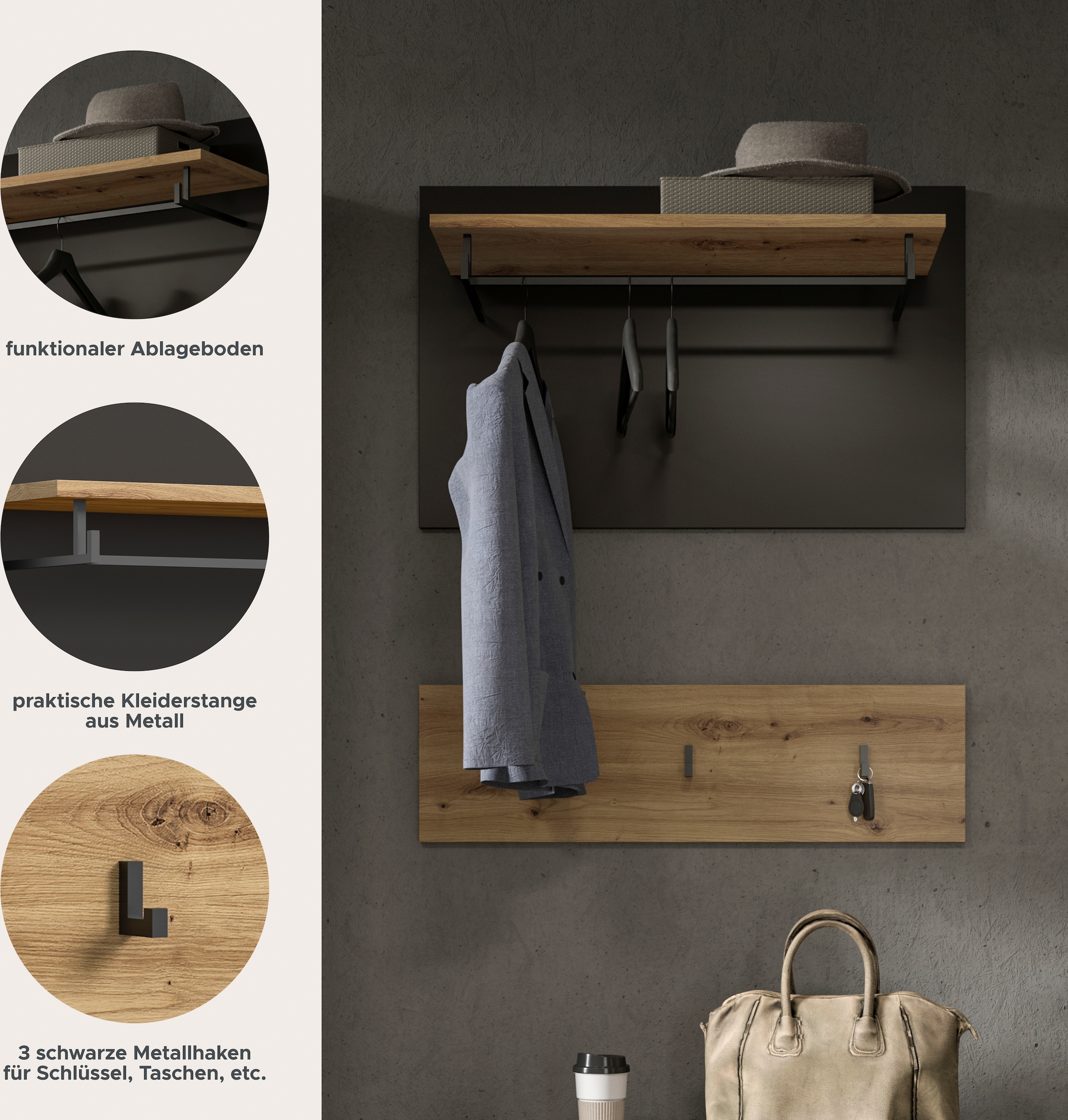 INOSIGN Garderobenpaneel »REHAT, TOPSELLER!, 2-teilig, bestehend aus: Paneel & Hakenleiste« in verschiedenen Farben erhältlich, 1 Stk. tlg. Paneel, Hakenleiste, Wandboard, Garderobe, Garderobenleiste