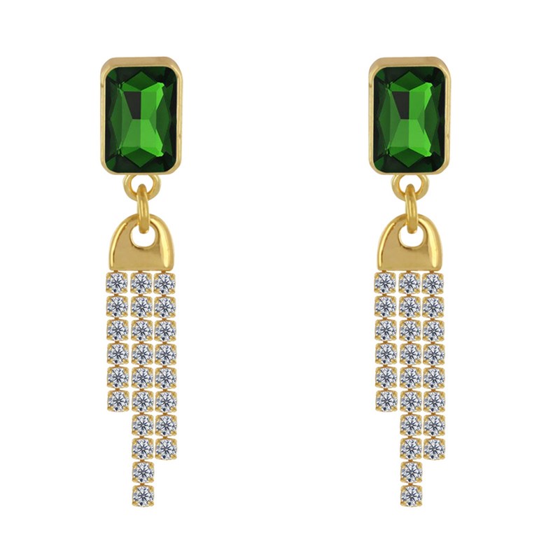 Boucles d'Oreilles Laiton Doré Pendante Rectangle et Trois Liens de Strass
