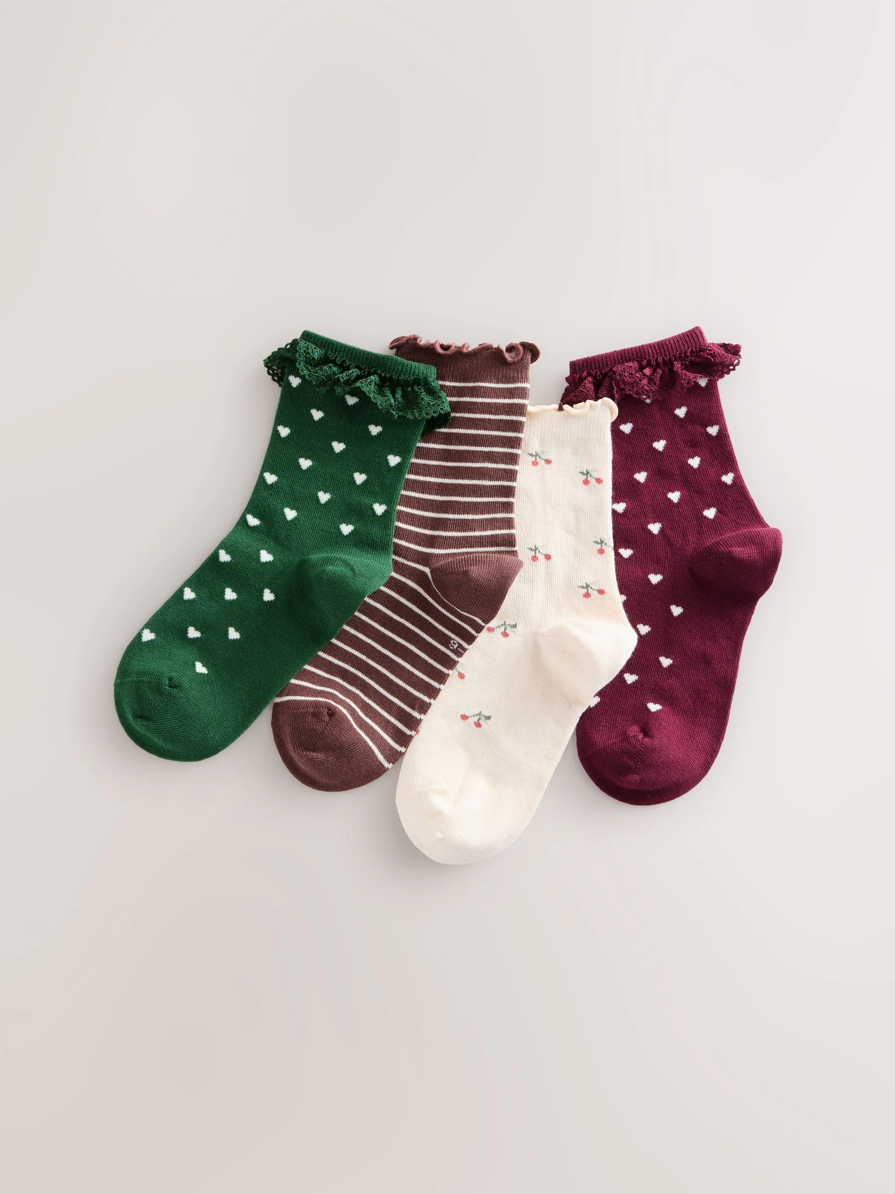 Red, Green,Cream and Brown - Cotton Rich Frill/ Fluted Ankle Socks 4 Pack