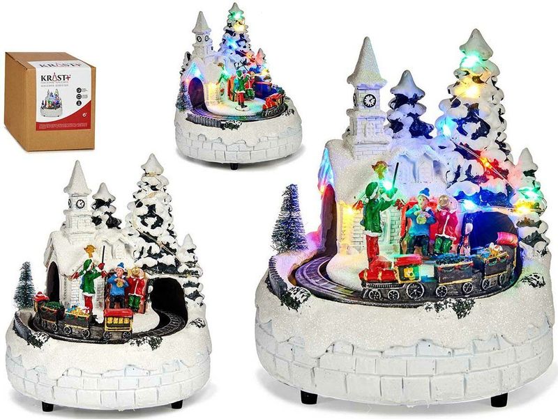 Kersttafereel - Kerstdorp - Gekleurde LED Verlichting - Resin en Plastic - 16,5 x 16,5 x 19 cm