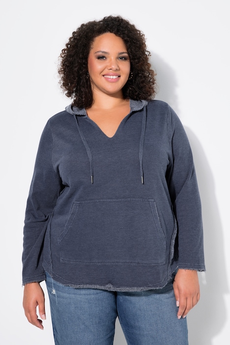 Hoodie, offenkantig, Kapuze, V-Ausschnitt, Langarm