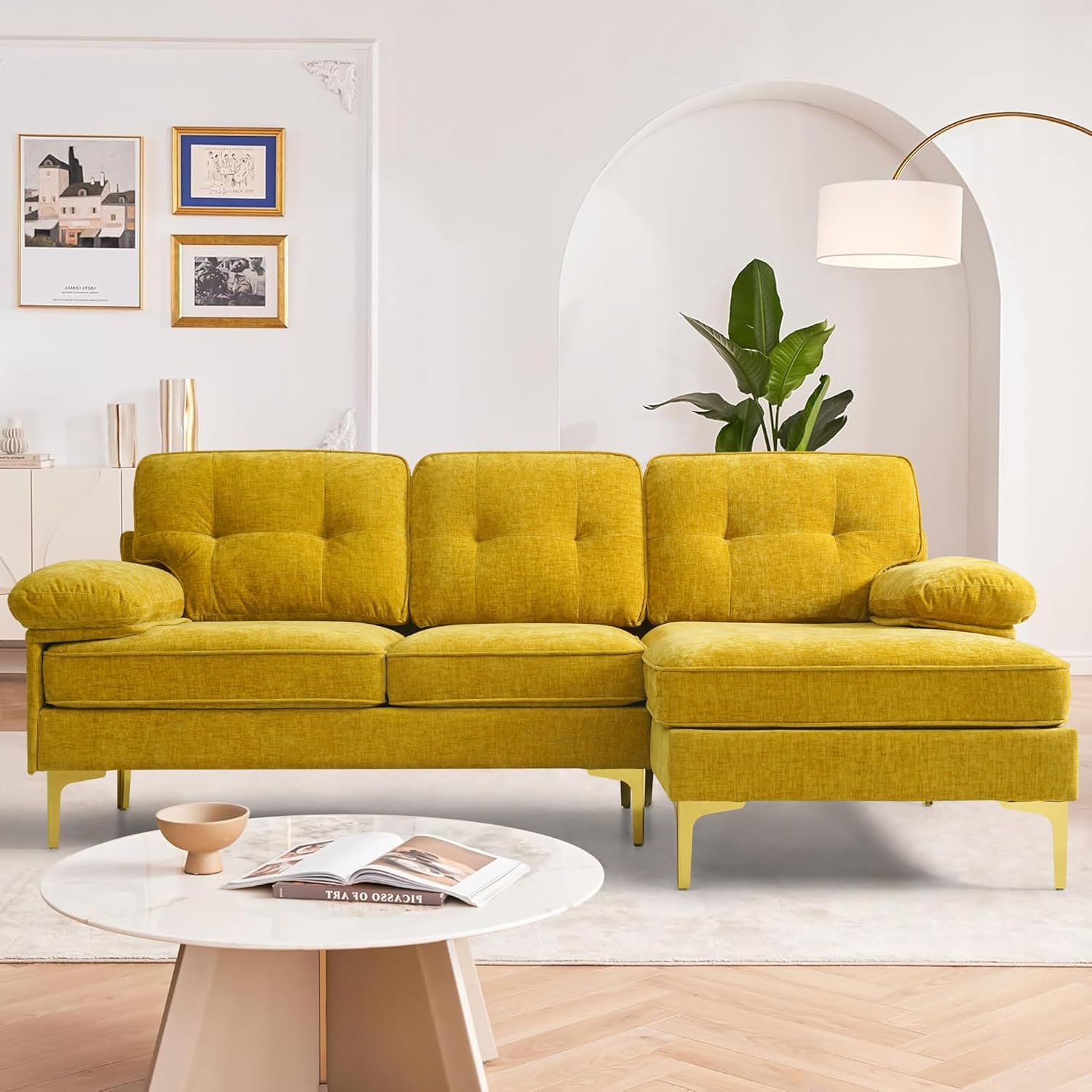 Ecksofa 3-Sitzer Sofas 210cm breit Polsterecke mit Federkern Kissen und Rückenlehnen abnehmbar und waschbar - Chaiselongue beidseitig montierbar Couch L-Form fürs Wohnzimmer (Gelb)