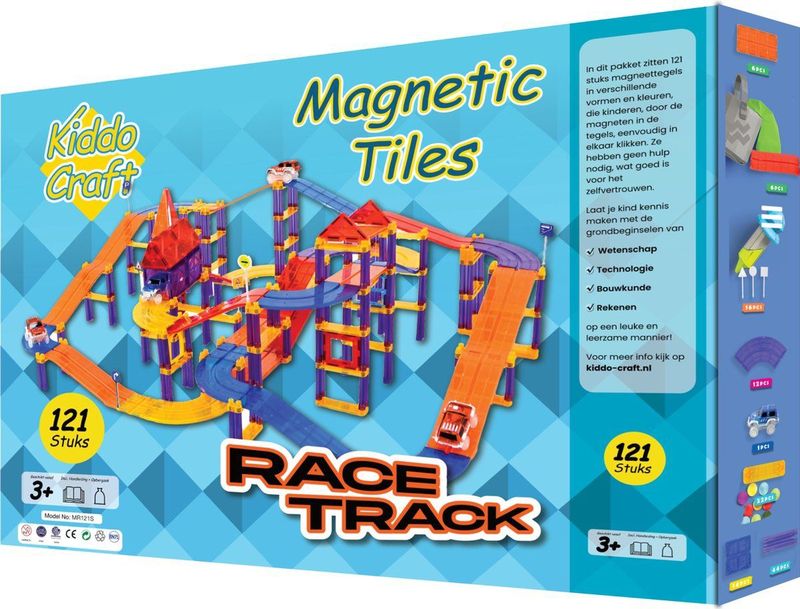 Kiddo Craft - Magnetic Tiles Racebaan - 121 Stuks - Magnetisch Montessori Speelgoed