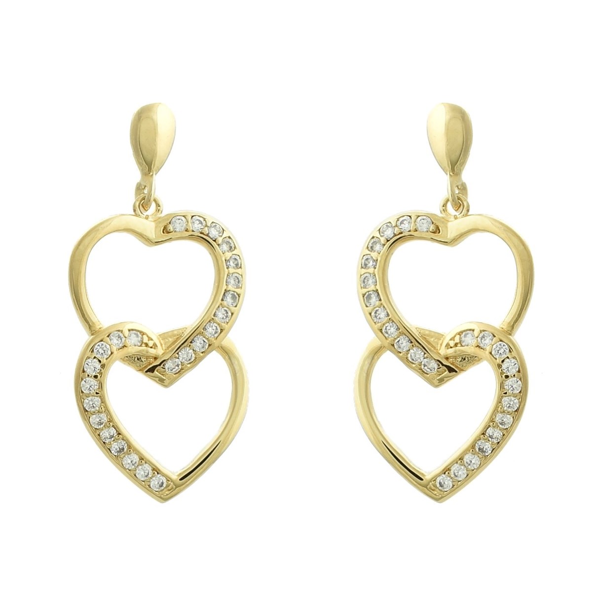 Boucles d'oreilles 2 coeurs superposés sertis d'oxydes de zirconium Plaqué OR 750 3 microns