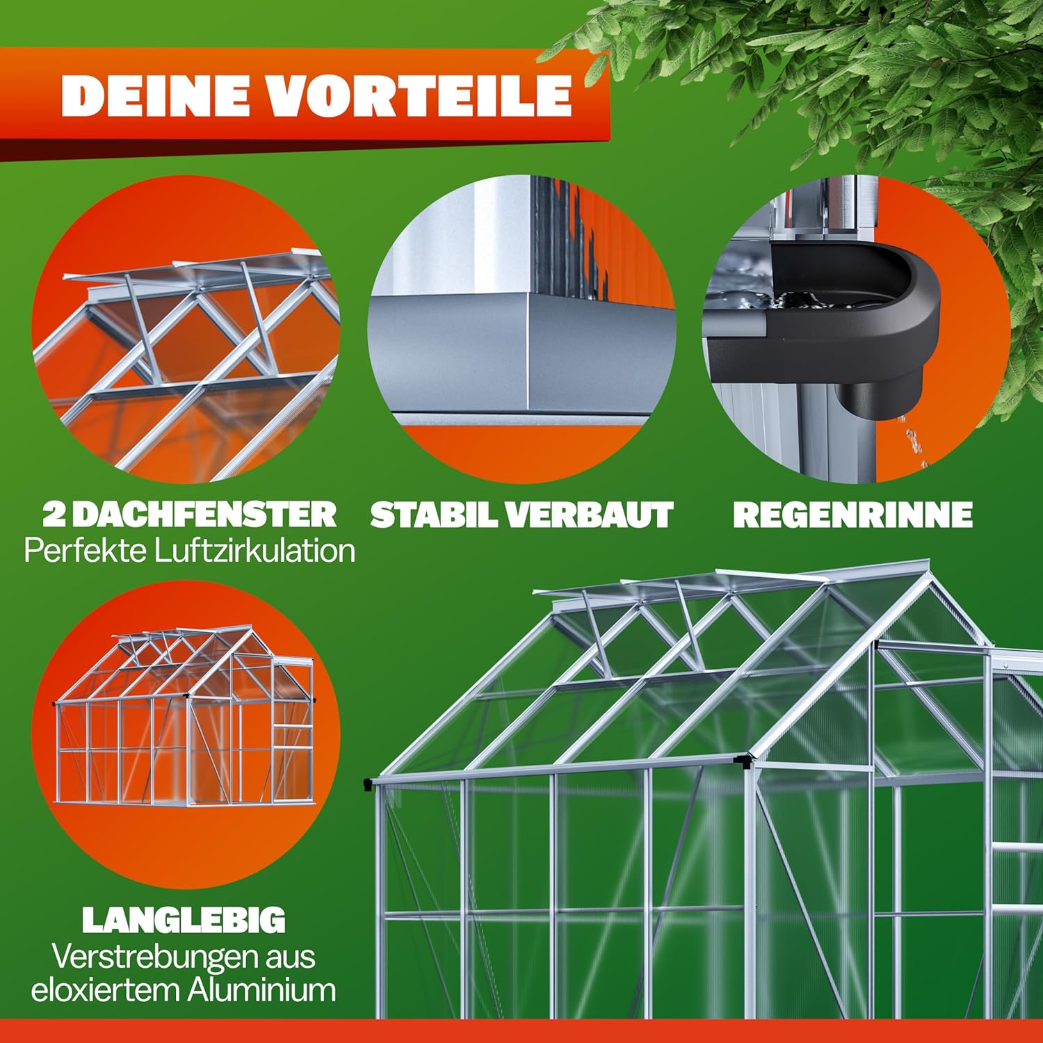 GARDEBRUK® Gewächshaus Aluminium 4,8m² 250x190cm inkl. 2 Dachfenster Tomatenhaus Treibhaus Anzuchthaus Garten Frühbeet Pflanzenhaus Aufzucht 7,63m³