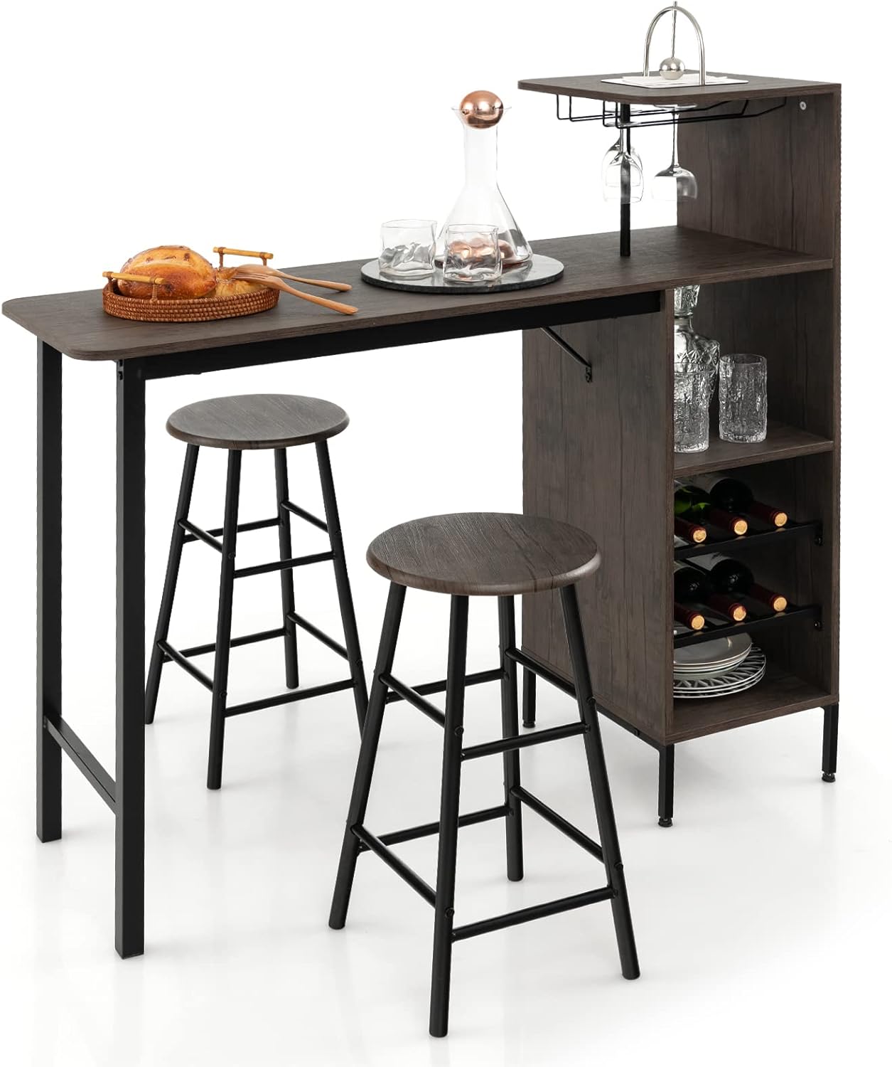 GIANTEX Bartisch mit Barhocker Set, Küchentheke mit Weinregal & Glashalter, Bar Tisch Küchenbar für 2 Personen, Küchentresen Thekentisch mit Barhocker Set, Hausbar Theke für Küche (Vintage Braun) ZM3710445