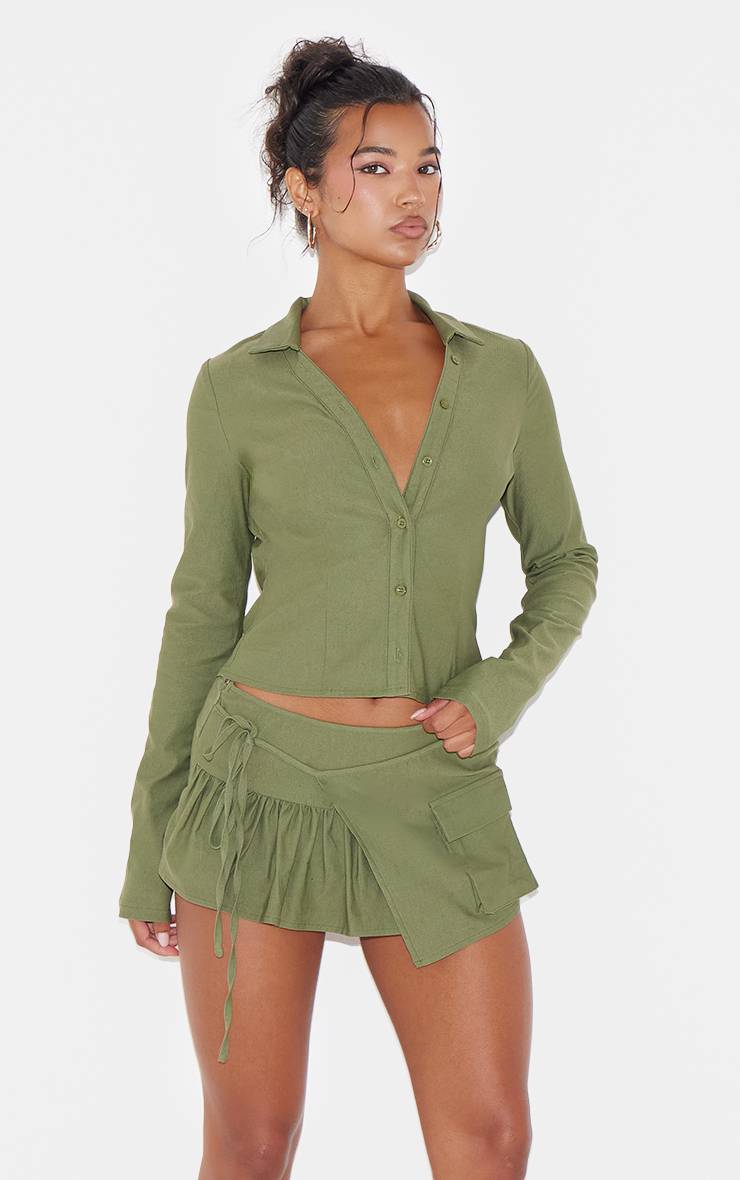 Kaki Jupe-short Cargo Tissée À Détail Volants