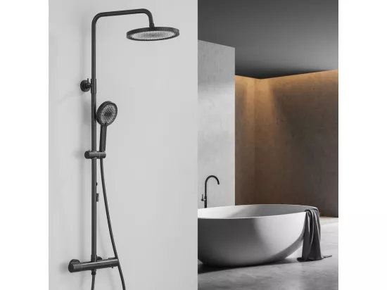 Colonne de Douche Thermostatique Ensemble de Douche Noir avec Douchette 3 Jets Kit de Douche Hauteur Réglable Mitigeur en Laiton Durable