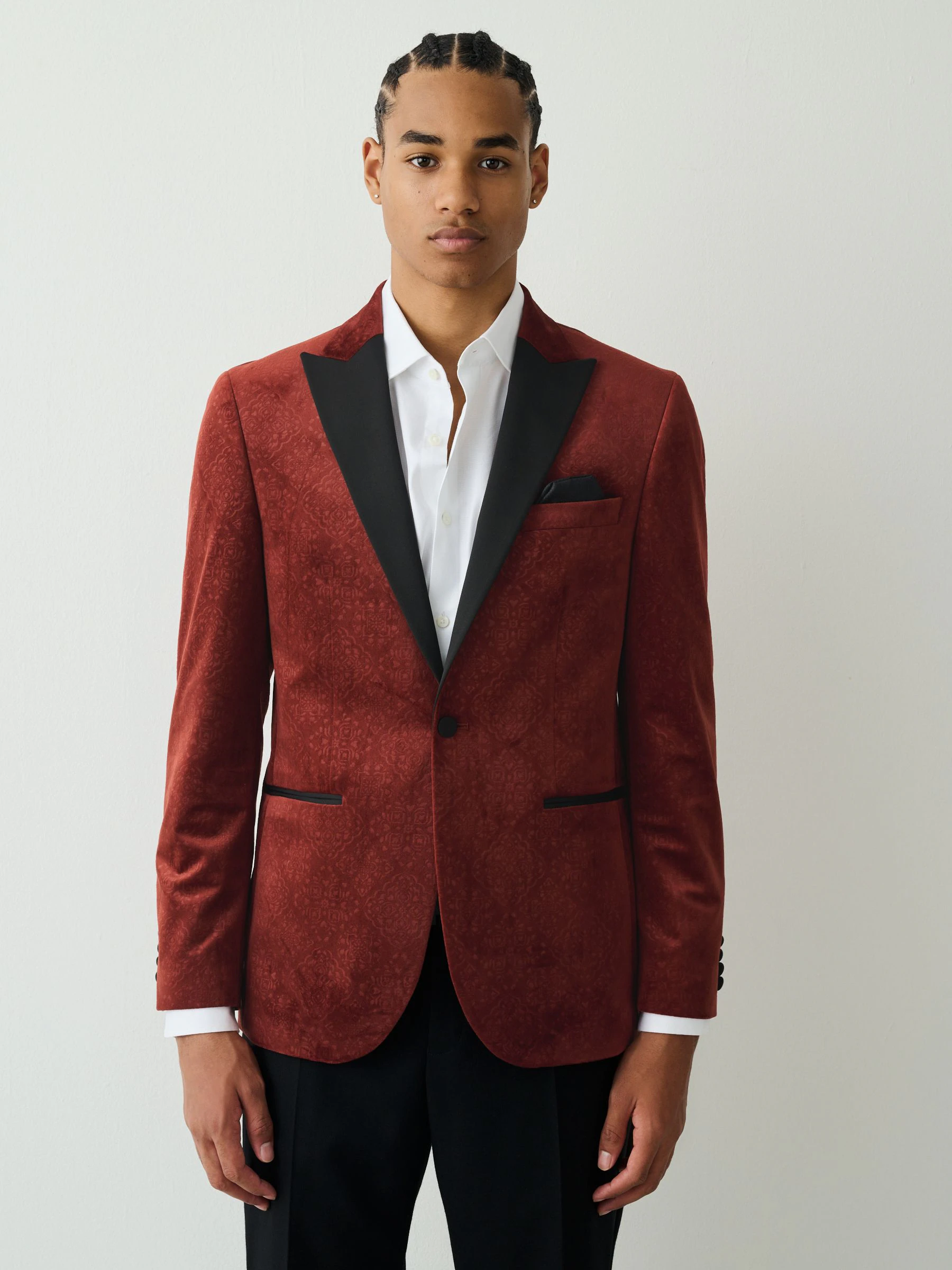 Roestkleurig met bloemenprint - Slim Fit - Fluwelen blazer met patroon